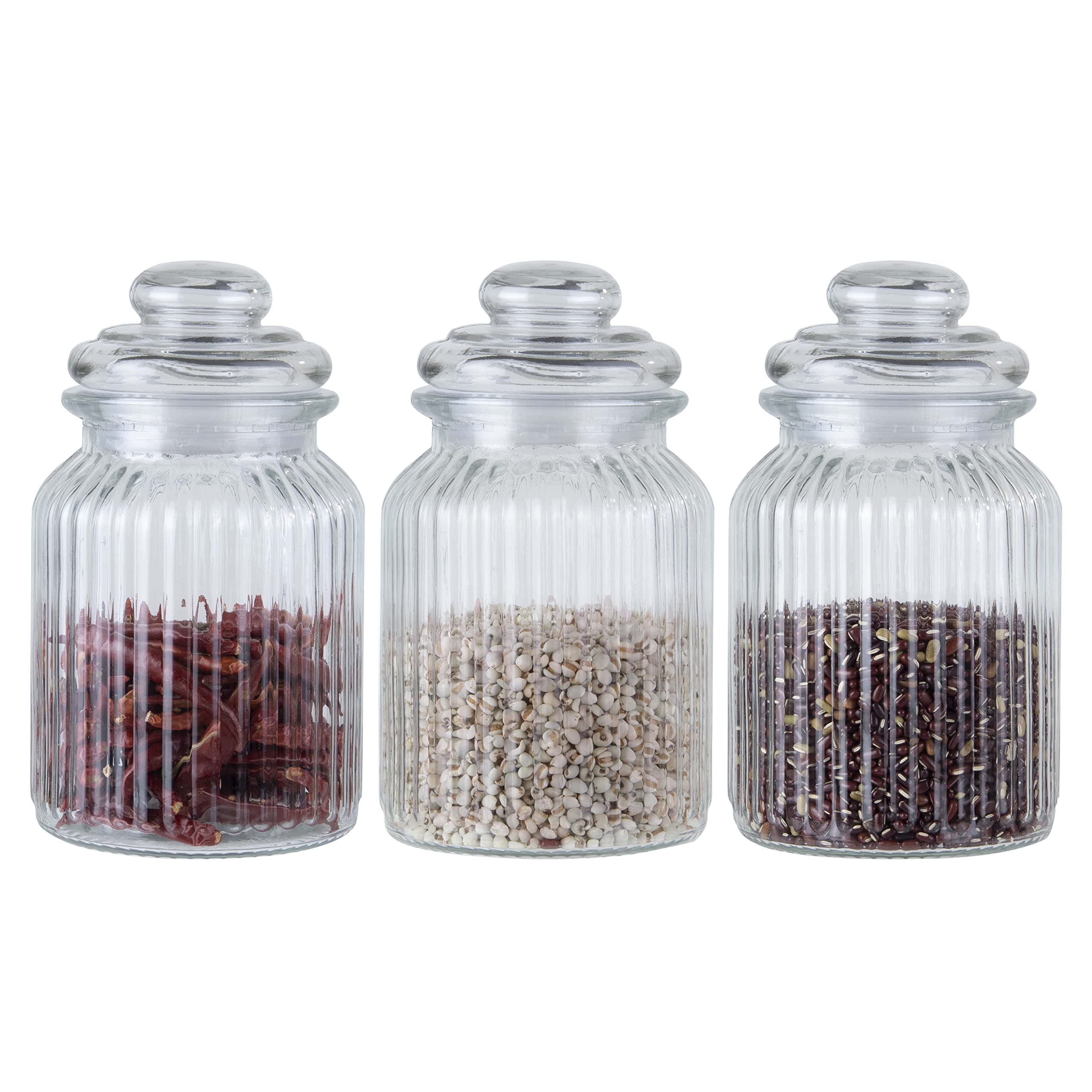 ORNAMI Ribbed Glass Storage Kitchen Jar with Airtight Lid (1L, Set of 3)