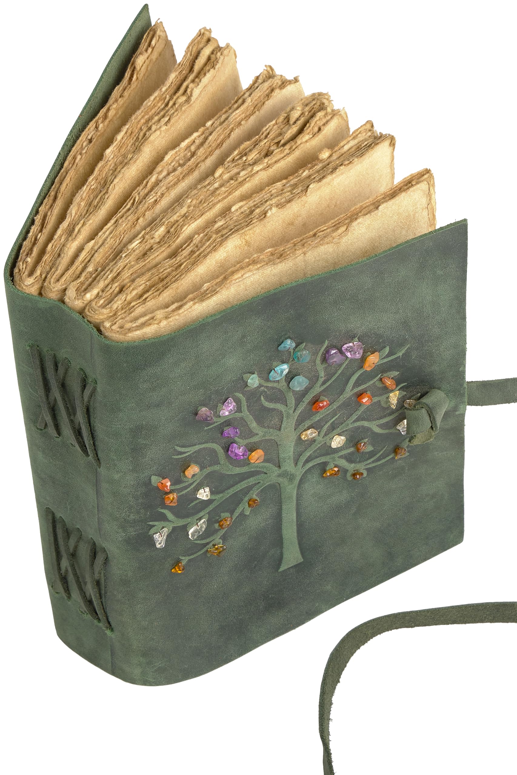 Carnet de Voyage en Cuir Vert avec Arbre de Vie, Tannage Végétal, Papier Coton - Idéal comme Journal Intime, Carnet de Voyage ou Cahier Vintage - 18x13 cm