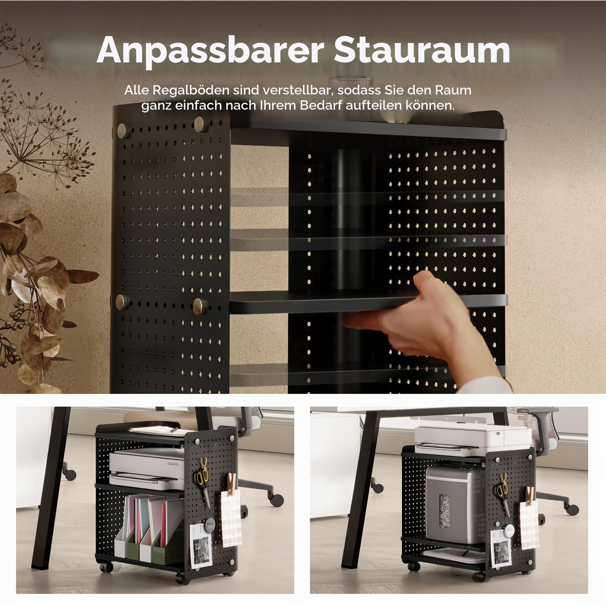 Fenge Druckertisch mit Rädern Mobiler Druckerhalter mit Pegboard 3 Ebene Druckerständer/Rollcontainer mit Organizer Regal Aktenschrank für Büro Zuhause 45,3x33,5x53,5cm (Schwarz)