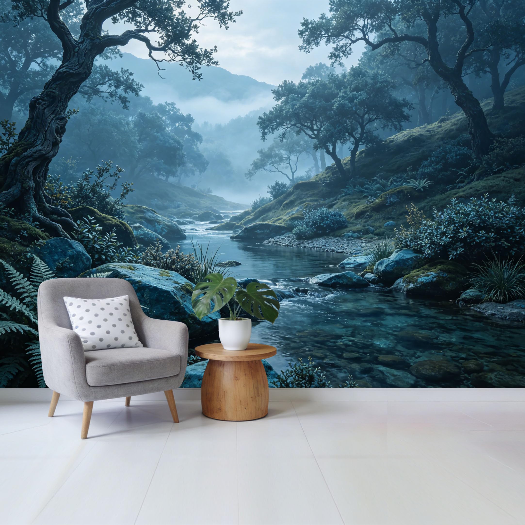 Custom Size Wall Mural Misty Forest Stream Landscape Blue Mossy Rocks Botanical Nature Scene SelfAdhesive Wall Fabric Removable Wallpaper for Home Office Decor