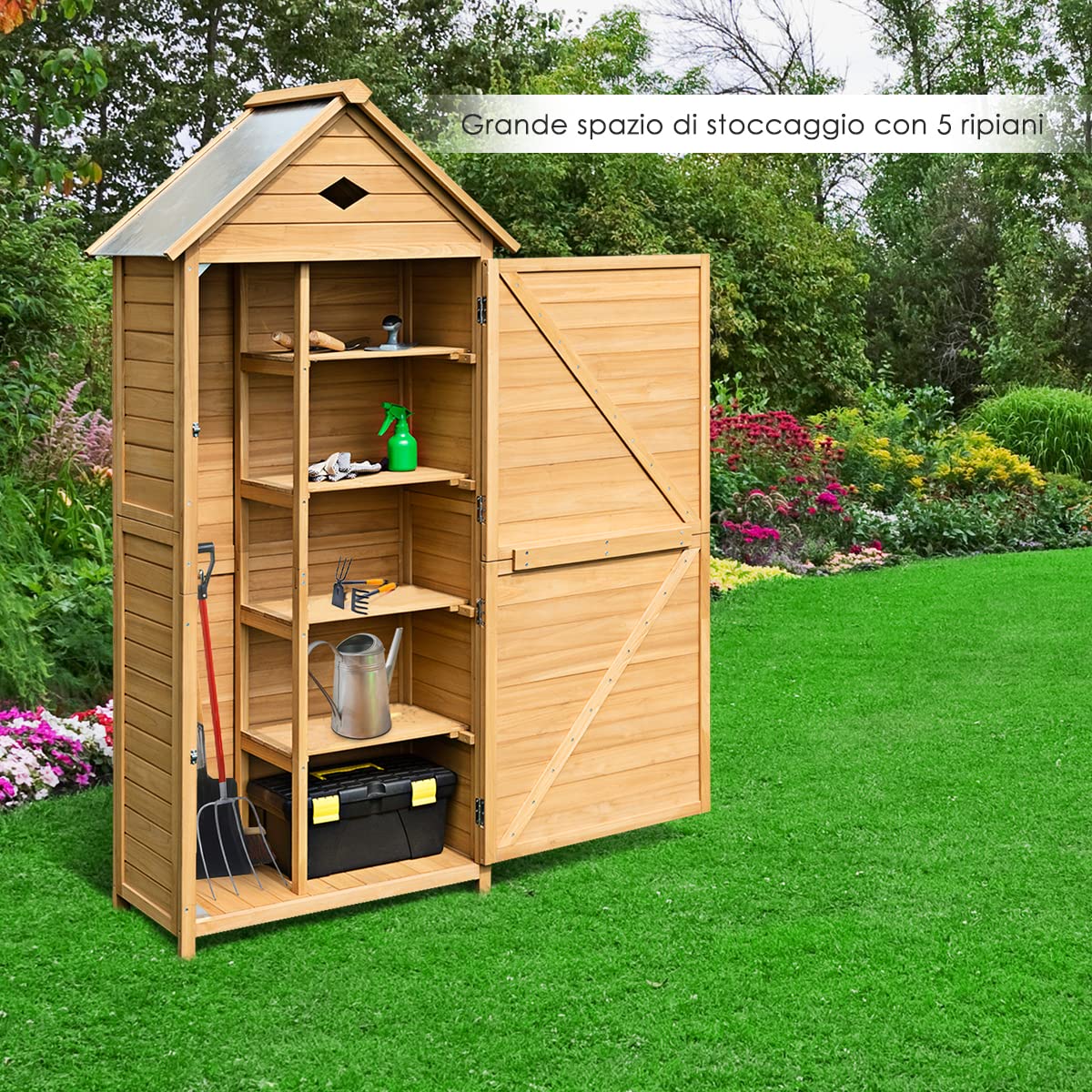 DREAMADE Casetta Porta Attrezzi da Esterno Ripostiglio da Giardino Capanno per Attrezzi in Legno, 176 x 70 x 36 cm