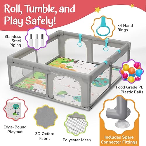 Miniatura 3 de GiggleLux Corralito para bebés con alfombrilla incluida, tapete de agua para el tiempo boca abajo, anillos de mano, 30 bolas de pitballs y bolsa de