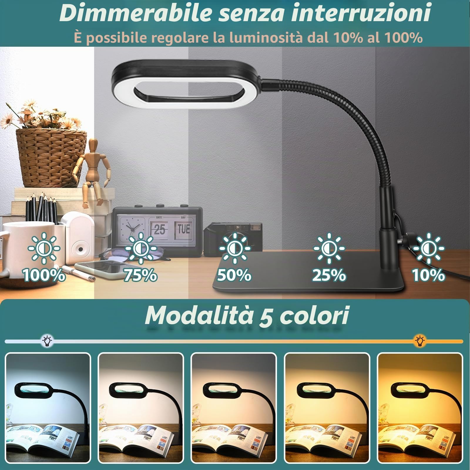 Drdefi 10X Rettangolare Lente di Ingrandimento con Luce LED, Lampada da Scrivania Flessibile con Collo di Cigno, 5 Modalità Colore