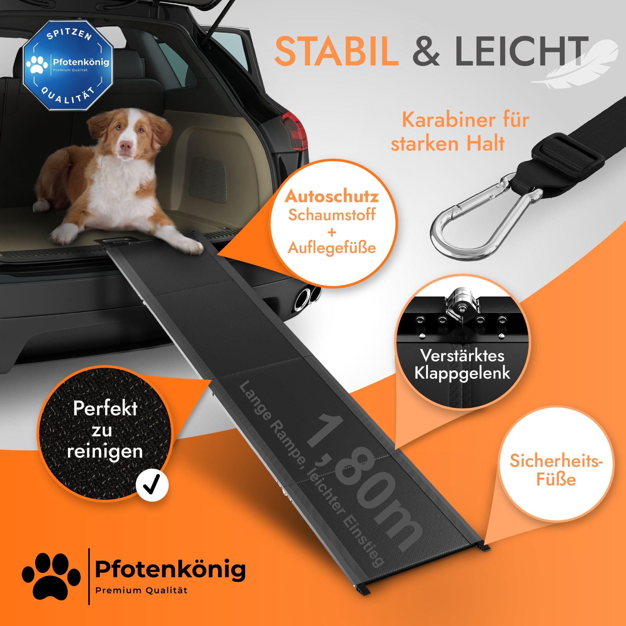 Hunderampe - 1,80 m Ultra-lang - [Einstiegstraum] - stabile Premium Hunderampe Auto klappbar - Anti-Rutsch Hunderampe Auto aus Leicht-Alu - passt für alle Fahrzeuge