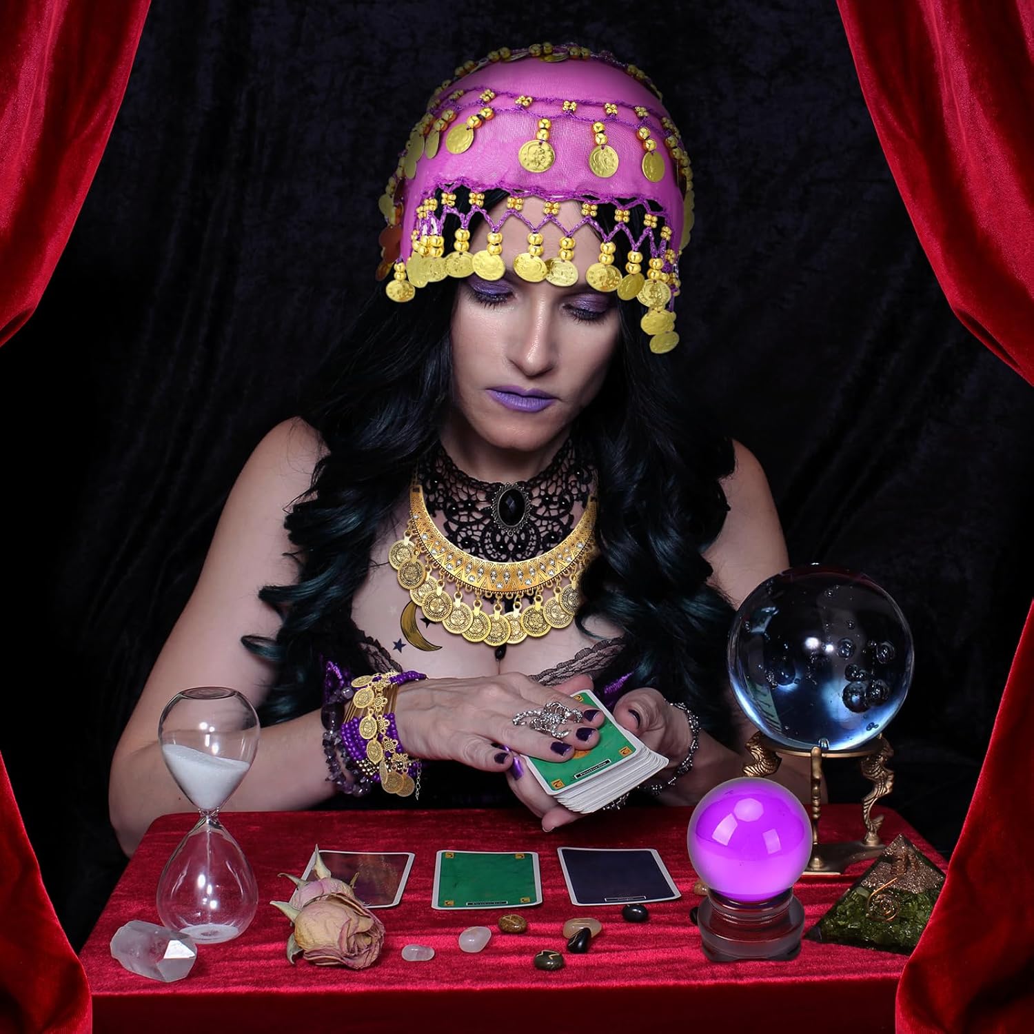 Zoooyawn 6 Pcs Halloween Gypsy Fortune Teller Costume Accessories Set for Women Include Multi Row Gold Coins Head Scarf Necklace Crystal Ball Earrings Bracelet Fortune Teller Tattoo Halloween Cosplay