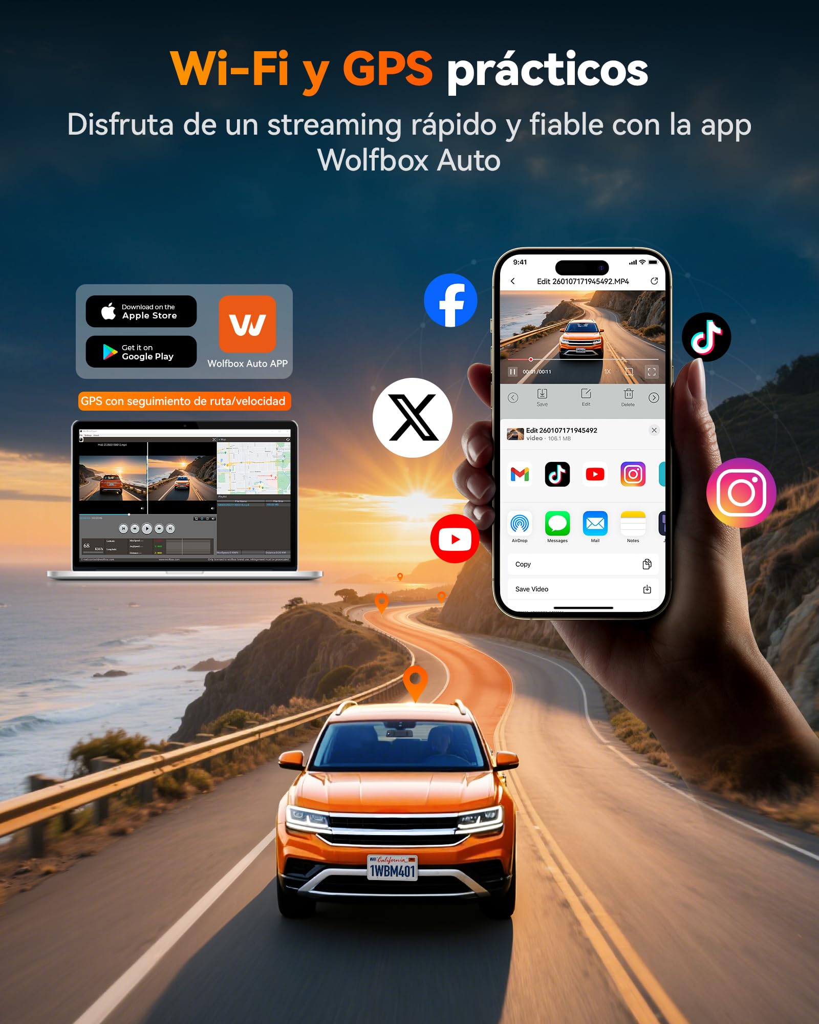 WOLFBOX M40 - Espejo de cámara trasera de 10 pulgadas, 4 K + 1080P, para cámara frontal y trasera, con cámara ADAS/BSD, control de voz, Wi-Fi integrado, tarjeta de 64 GB y GPS