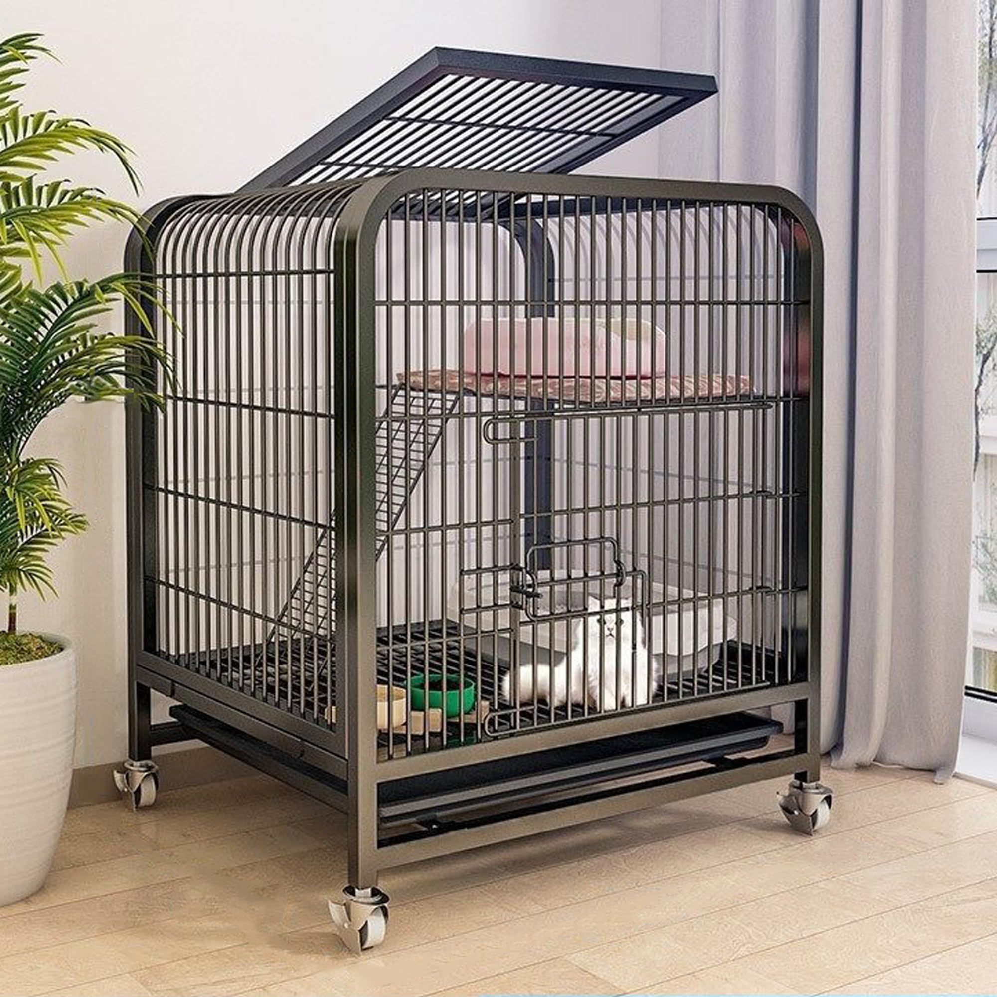 FZZIBQYR Cat Crate Cat Cage Indoor Pet Carriers Small Animal Playpen for Cats Metal Enclosure 2 Tier Kitten Kennel Outdoor Cat House with Locking Doors Universal Wheel (Black, Small)