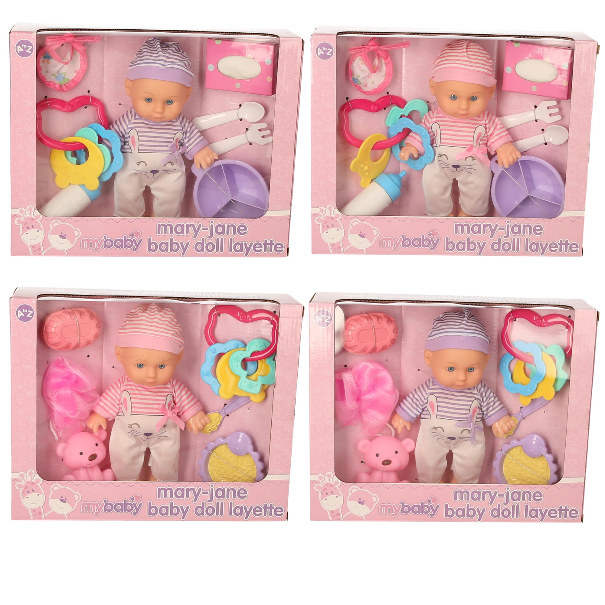 Atoz Mary-Jane MyBaby Baby Doll Layette Set with Accessories, Pink and White Striped Outfit, Teething Toys