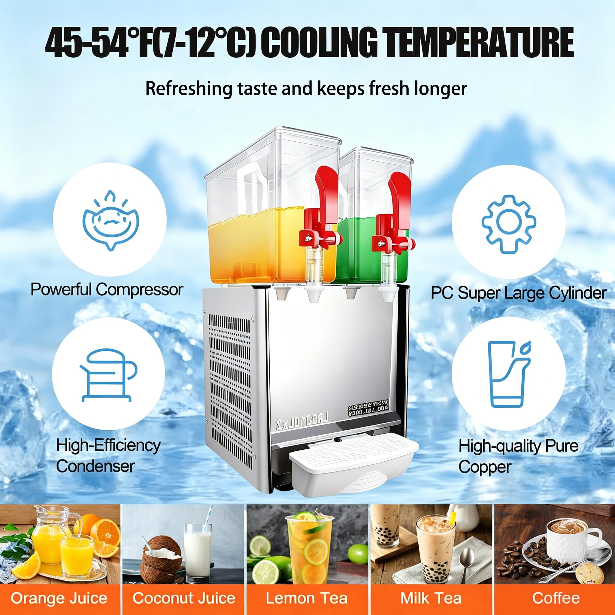 Distributore di bevande, distributore di bevande refrigerate commerciali con controllo termostato, dispenser per succhi di frutta, punch e limonata in acciaio inossidabile, 1-4 serbatoi