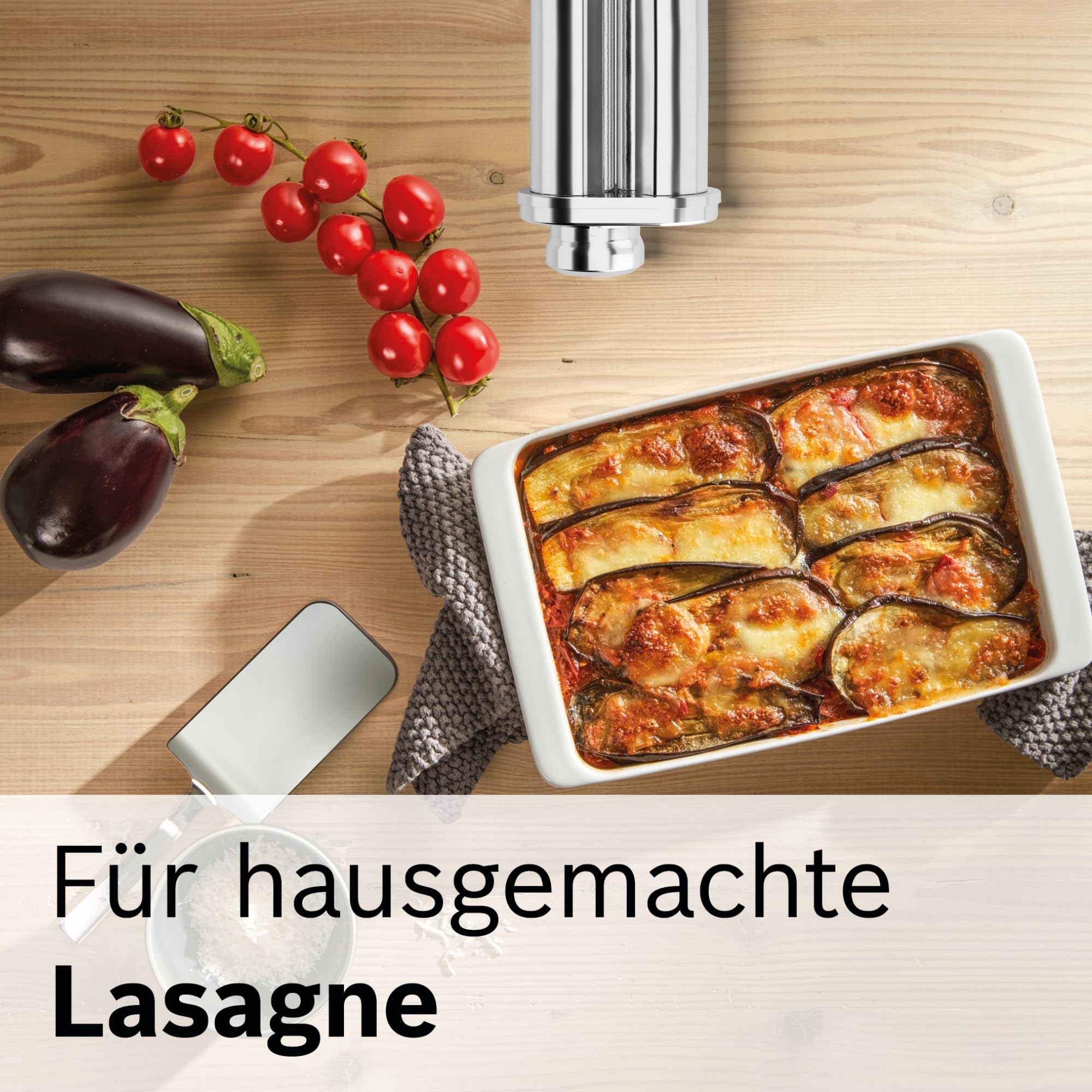 Bosch Pastawalze Lasagne MUZ5NV1, Zubehör passend für Küchenmaschine Serie 4, Serie 2, für Lasagne, Nudelplatten, Pasta-Aufsatz, 8 Stärken, Edelstahl, Nudelmaschine