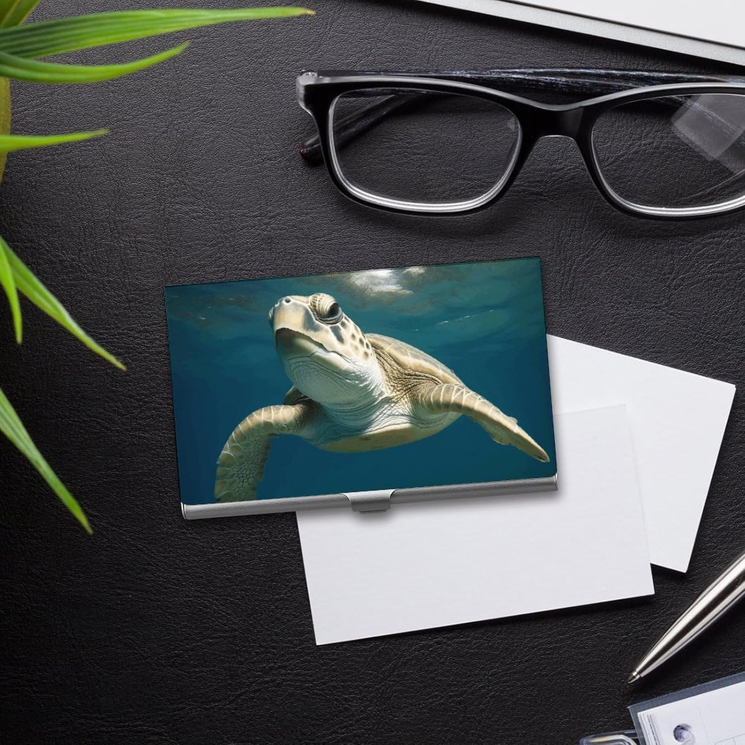 Underwater Tutrle Business Card Holder Slim Aluminum Alloy Name Card Holder Professional Name Card Case Personalized Business Card Wallet Minimalist Pocket Metal Case for Women Men
