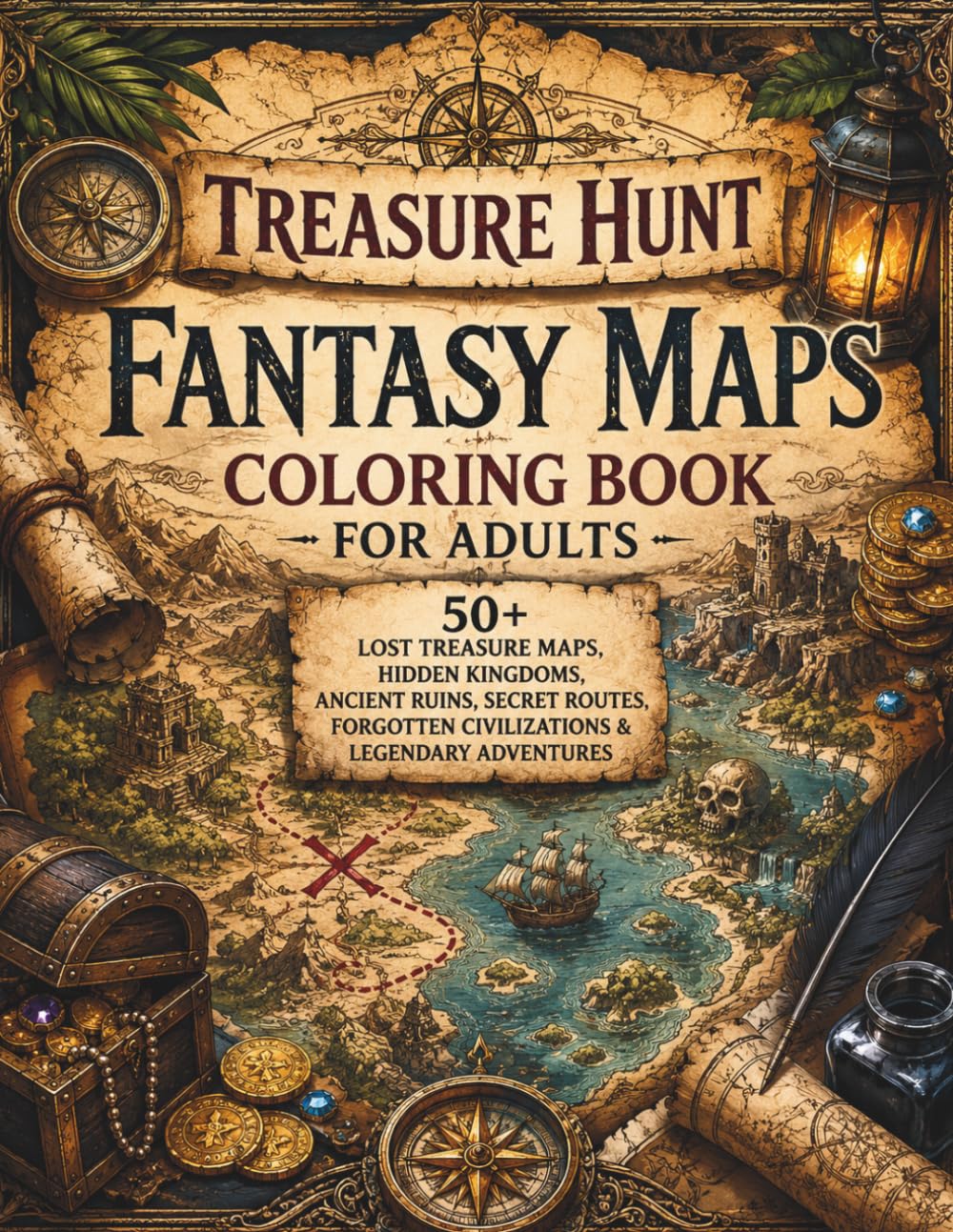 Treasure Hunt Fantasy Maps Coloring Book for Adults: 50+ Lost Treasure Maps, Hidden Kingdoms, Ancient Ruins, Secret Routes, Forgotten Civilizations & ... Escape (The Fantasy Cartography Collection)