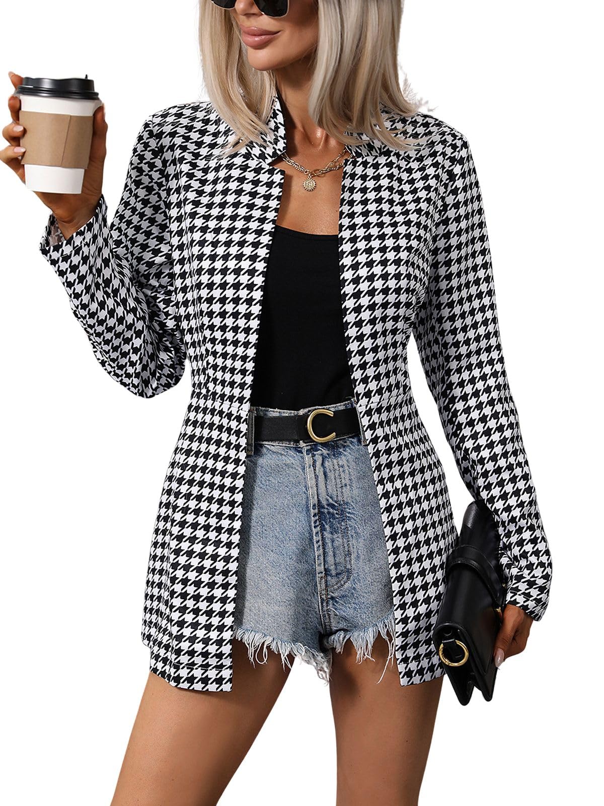 ebossy Womens Casual Houndstooth Plaid Blazer Jacket Elegant Notched Long Sleeve Open Front Slim Fitted Wool Pea Coat