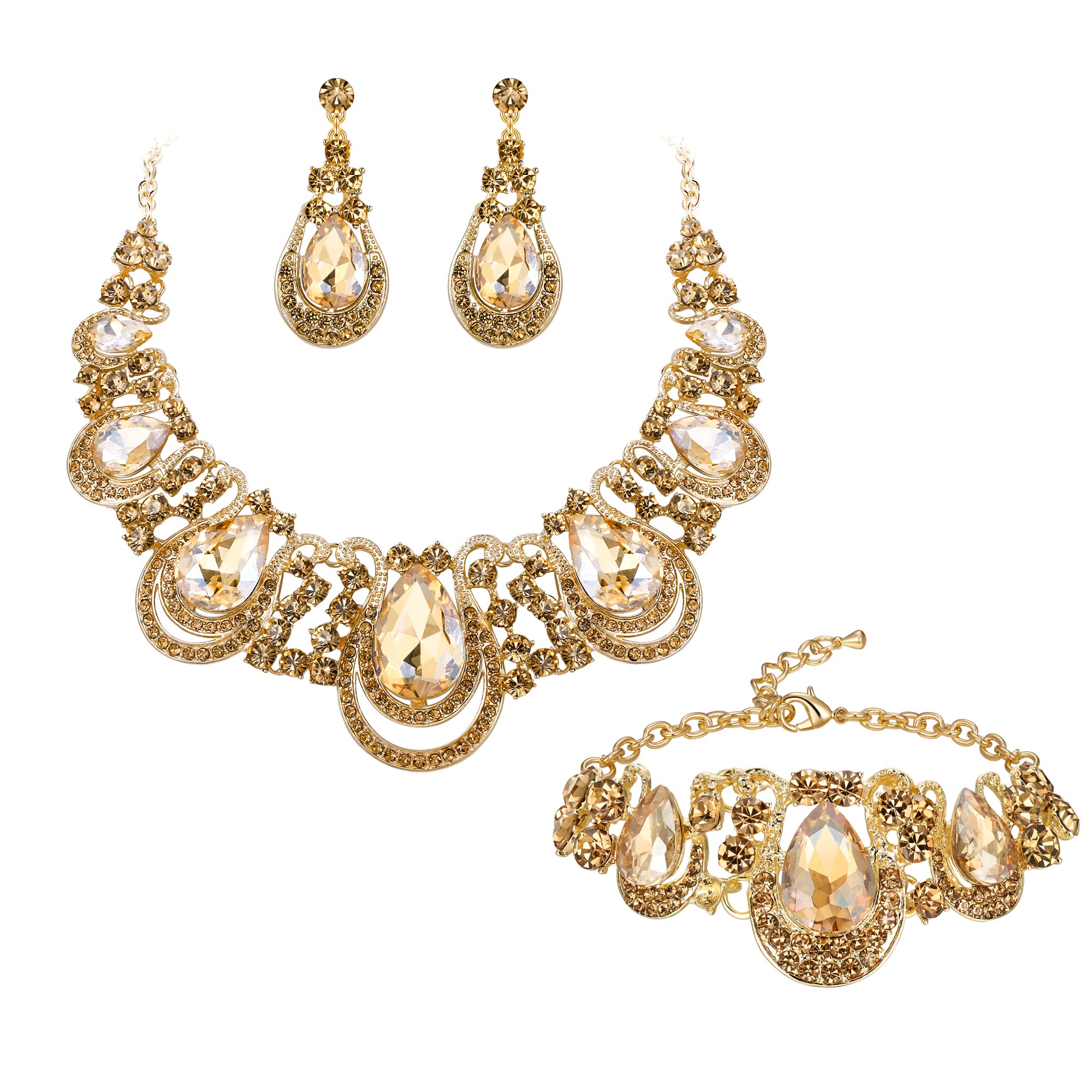 Goccia Statement Cristalli Collana per Donne Cluster Hollow Orecchini Pendenti Catena Bracciale Bavaglino Set di Gioielli per Matrimonio Sposa