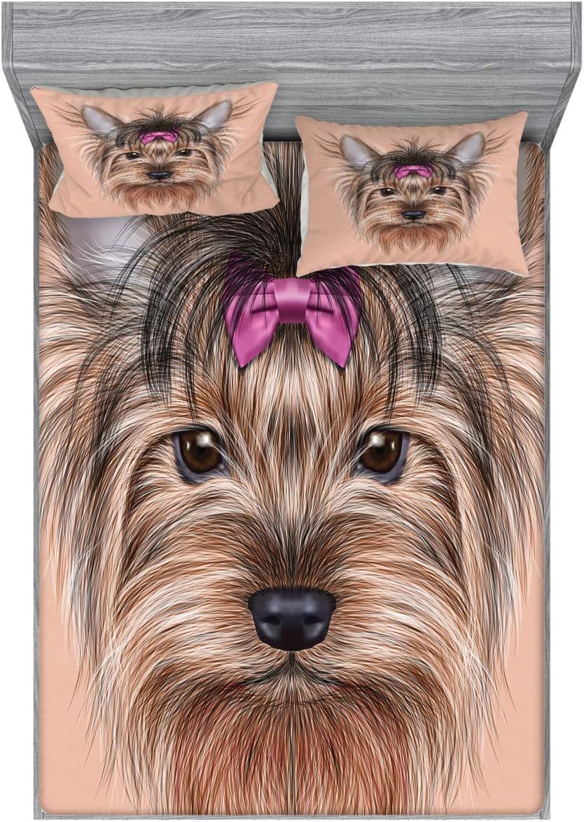 Ambesonne Yorkie Fitted Sheet & Pillow Sham Set, Realistic Computer Drawn Image of Yorkshire Terrier Ribbon Animal, Decorative Printed 3 Piece Bedding Decor Set, Full, Salmon Pale Brown