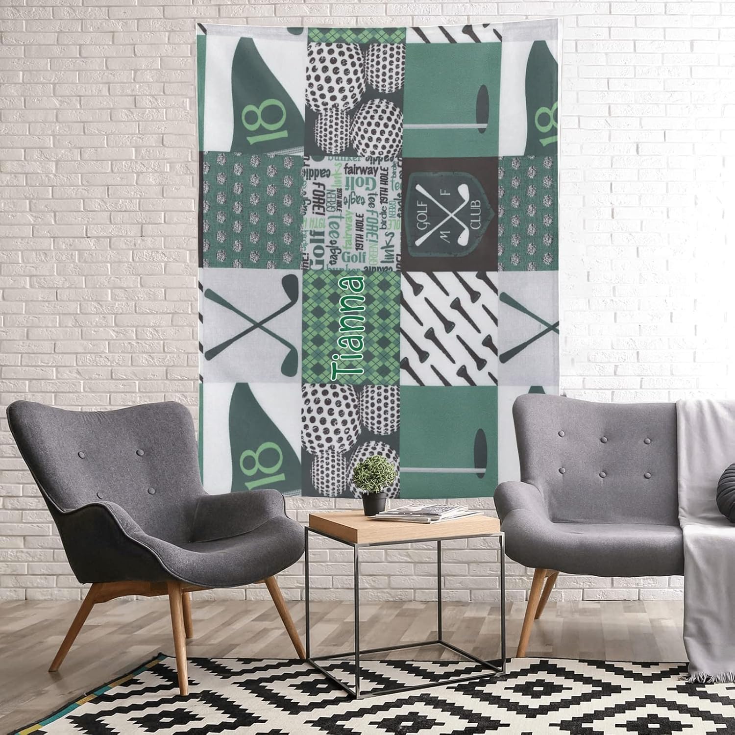 Personalized Golf Blackish Green Patchwork Blanket with Name Text Custom Super Soft Fleece Throw Blankets for Couch Sofa Bed 50 X 60 inches