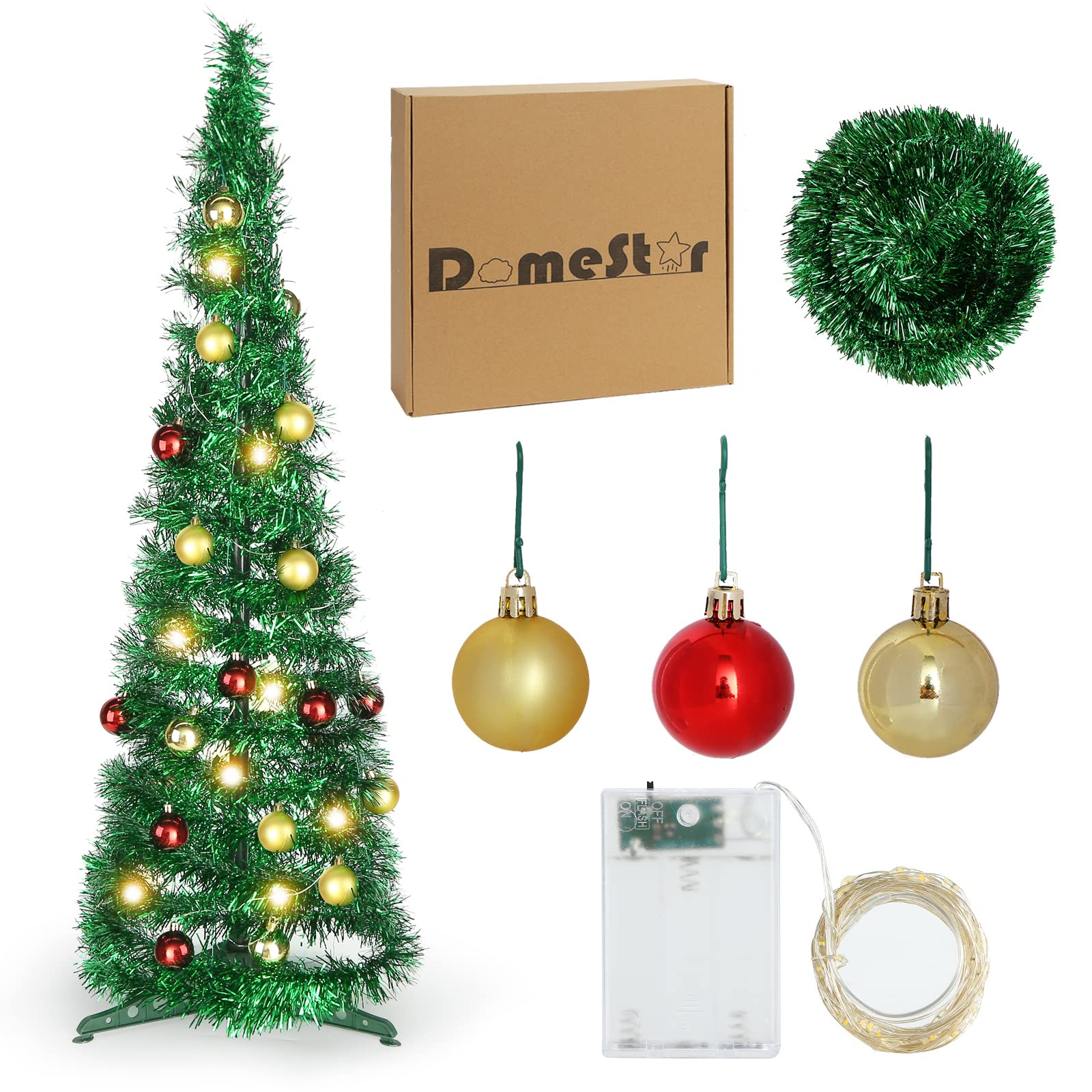 DomeStar 2.9Ft Tinsel Prelit Christmas Tree, Pop Up Artificial Pencil Slim Tree with 15PCS Christmas Balls for Xmas Decor Holiday Carnival Party Decorations