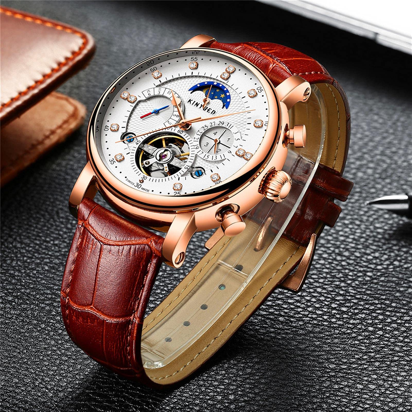Orologio Meccanico Automatico Uomo Lusso Con Tourbillon E Fasi Lunari - Cassa Acciaio, Cinturino Inox, Impermeabile 30m, Data E Settimana, Confezione Regalo - 2