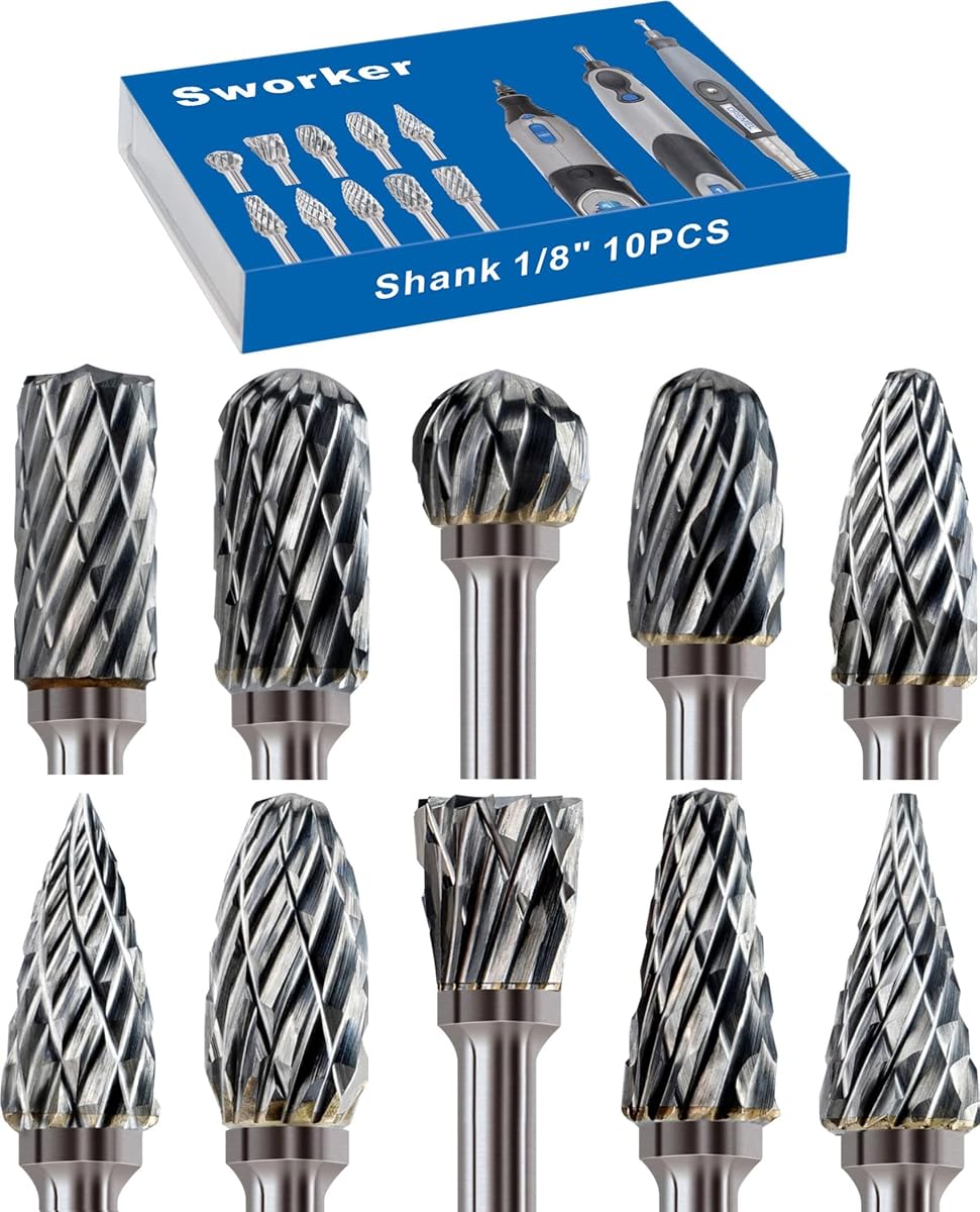 Sworker 10 Pcs Carbide Burr Set 1/8" Shank Compatible with Dremel Milwaukee Bits Rotary Tools Attachment Kit Rasp Drill File Accessories Metal Wood Stone Steel Grinding Carving Cutting Polishing