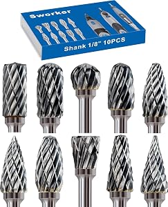 Sworker 10Pcs 1/8" Shank Carbide Burrs Set Bits Compatible with Dremel Metal Grinding Wood Stone Carving Cutting Engraving Grinder Kit Attachment Rotary Tool Accessories