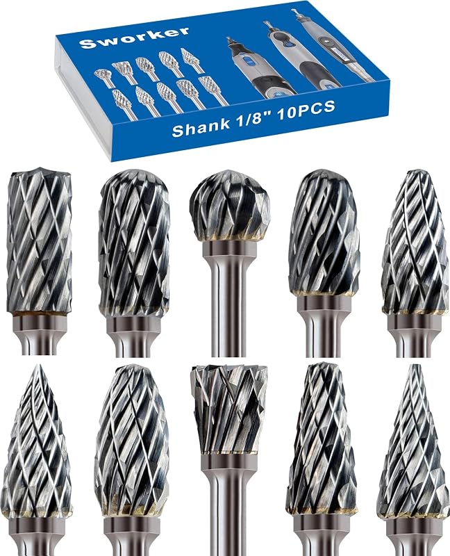 Sworker 10 Pcs Carbide Burr Set 1/8" Shank Compatible with Dremel Milwaukee Bits Rotary Tools Attachment Kit Rasp Drill File Accessories Metal Wood Stone Steel Grinding Carving Cutting Polishing