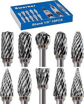 Sworker 10 Pcs Carbide Burr Set 1/8" Shank Compatible with Dremel Milwaukee Bits Rotary Tools Attachment Kit Rasp Drill File Accessories Metal Wood Stone Steel Grinding Carving Cutting Polishing