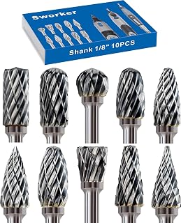 Sworker 10 Pcs Carbide Burr Set 1/8" Shank Compatible with Dremel Milwaukee Bits Rotary Tools Attachment Kit Rasp Drill File Accessories Metal Wood Stone Steel Grinding Carving Cutting Polishing