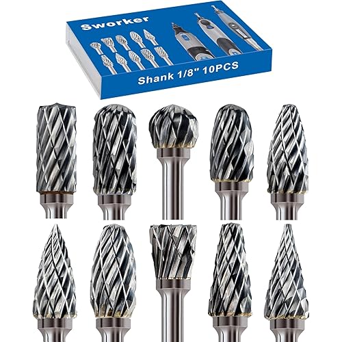 Sworker 10 Pcs Carbide Burr Set 1/8" Shank Compatible with Dremel Milwaukee Bits Rotary Tools Attachment Kit Rasp Drill File Accessories Metal Wood Stone Steel Grinding Carving Cutting Polishing