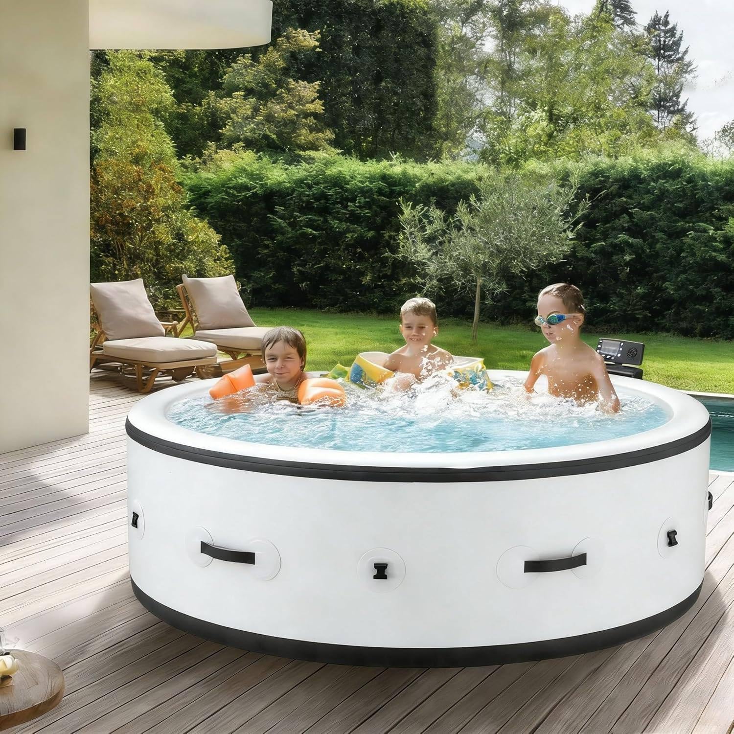 SPA Whirlpool Hinchable Ø206x71cm para 4–6 Personas, 150 Chorros Masaje 3 Niveles, 6 Modos De Luz LED, Resistente Al Frío, Adecuado para Interior Y Exterior Todo El Año