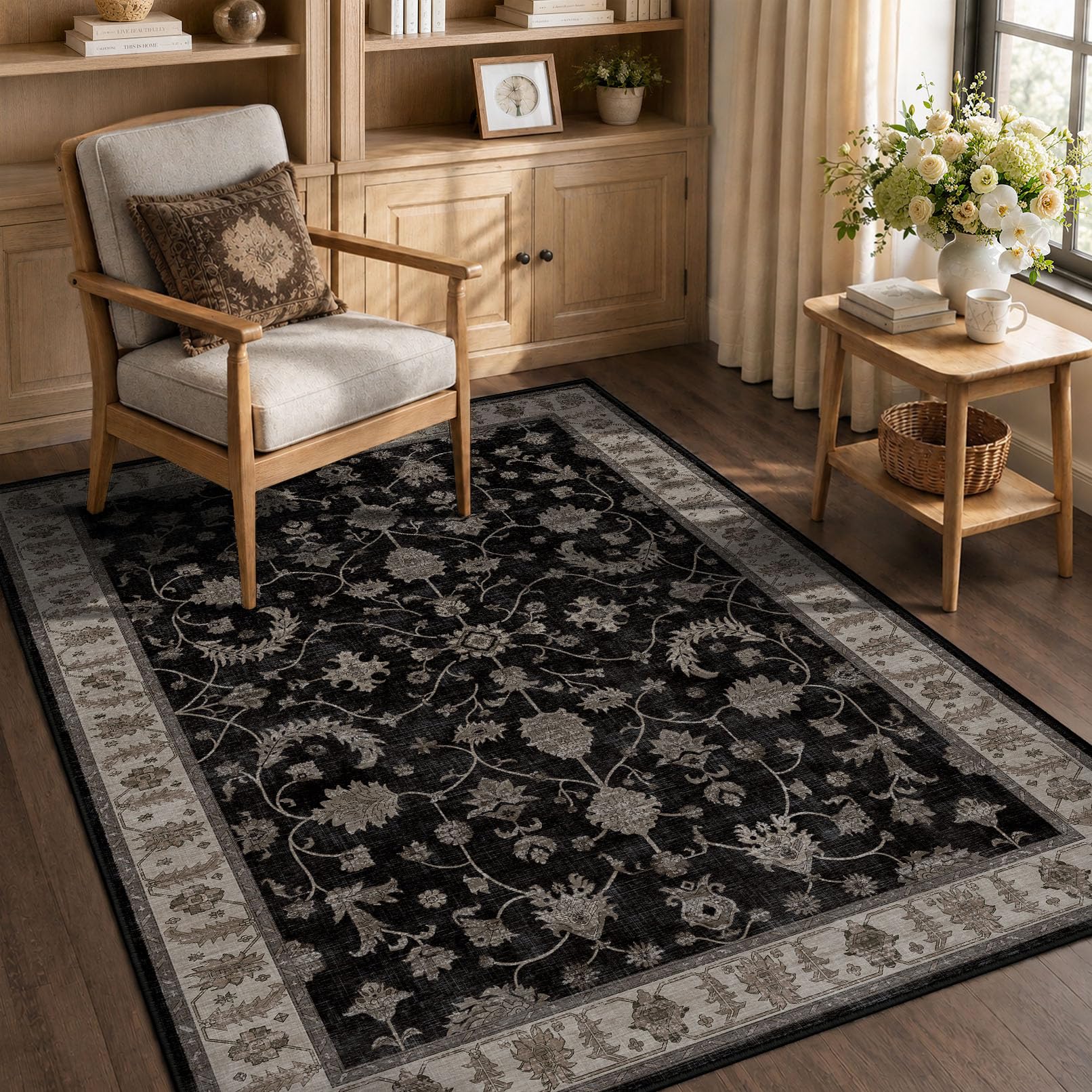 INOVADAY Washable Rug Living Room 80x150cm Non Slip Low Pile Vintage Boho Area Rug for Hall Lounge Bedroom Kitchen Office Dining Room Indoor Hallway Black