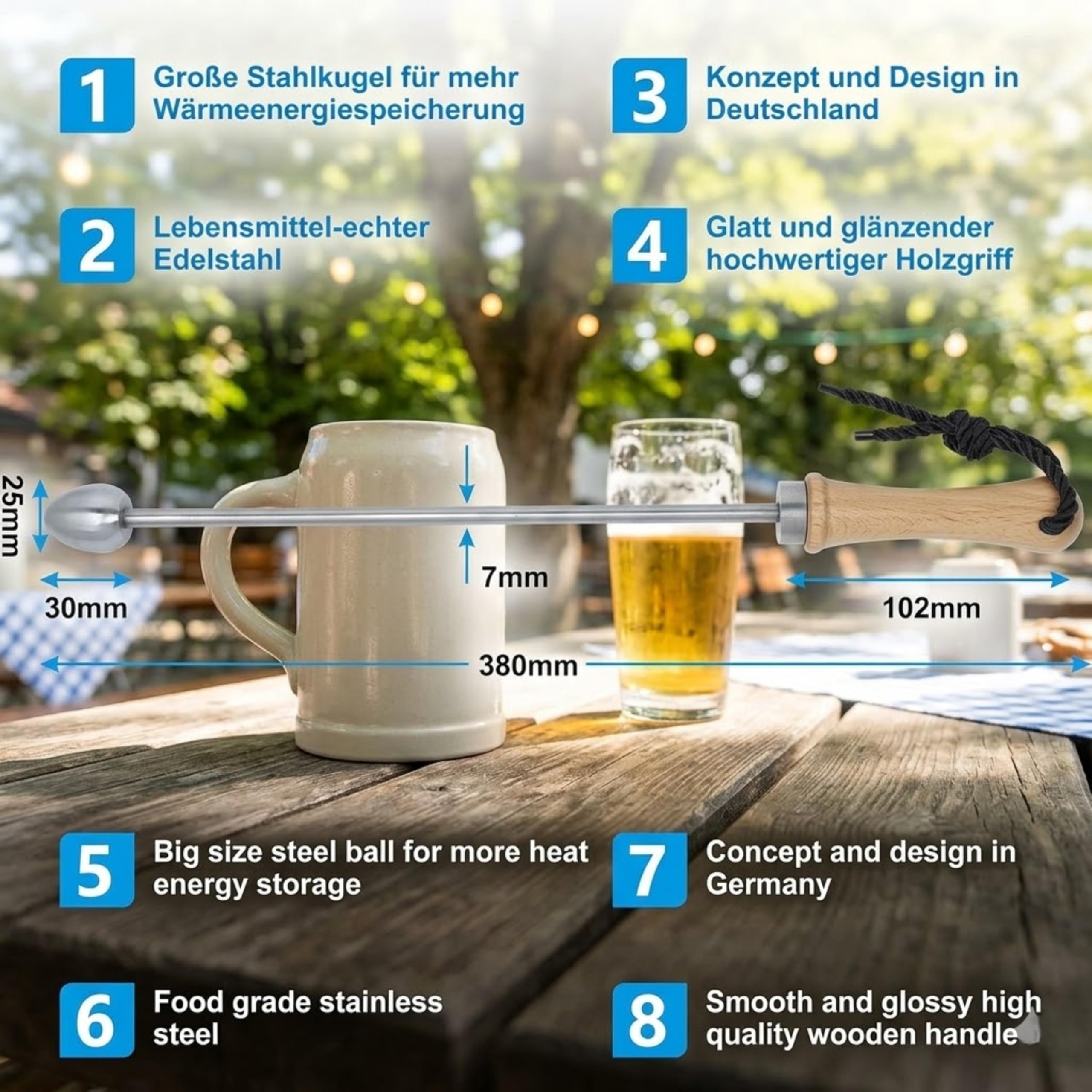 Bierstache Beerspike Beer Caranelizer Beer Caramelizer Podgrzewacz do piwa Rękojeść z prawdziwego drewna, kulka 100% spożywcza i ze stali nierdzewnej general oval shape)