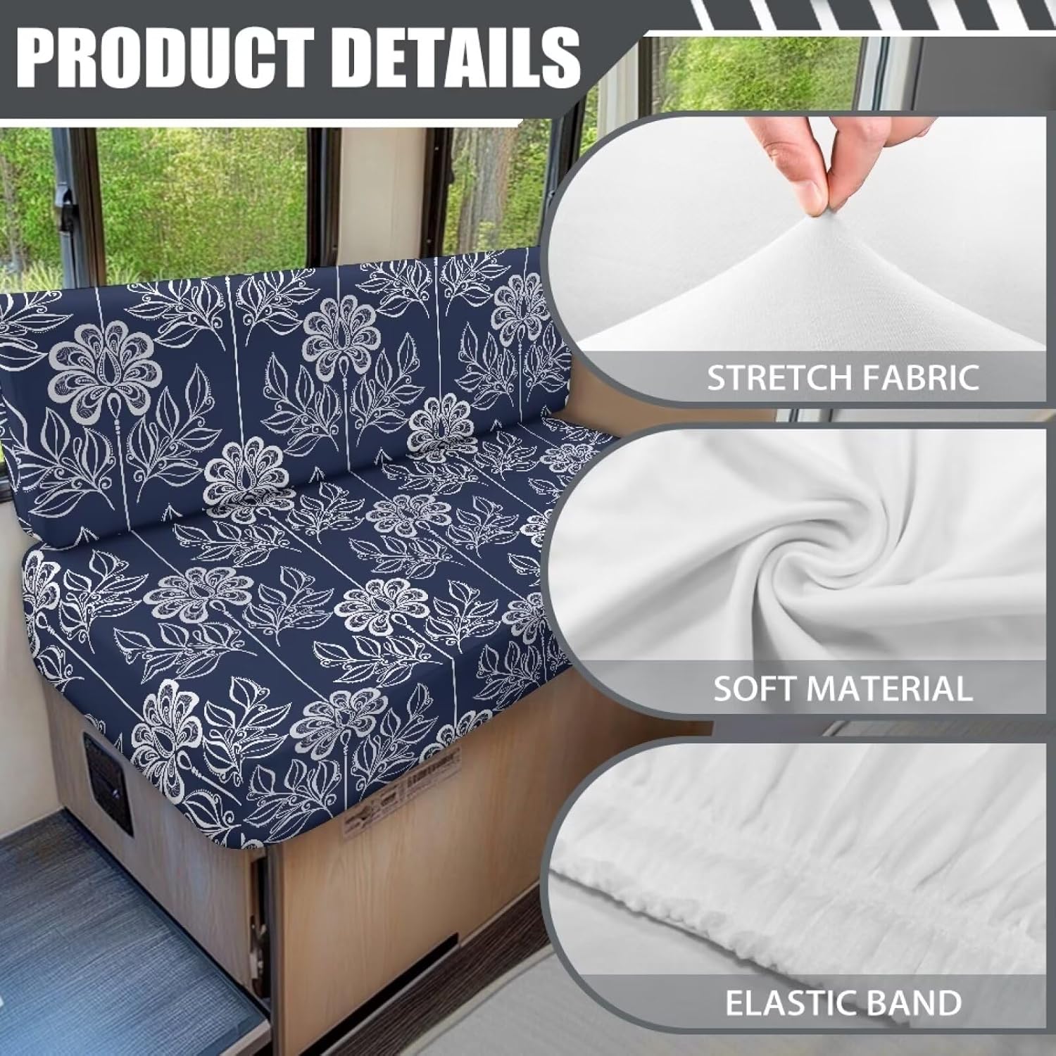 Navy Boho Pattern 2pcs RV Dinette Cushion Covers Stretch Loveseat Slipcover RV Sofa Cover Furniture Protector Kids Pets Friendly Couch Cover for Cushion