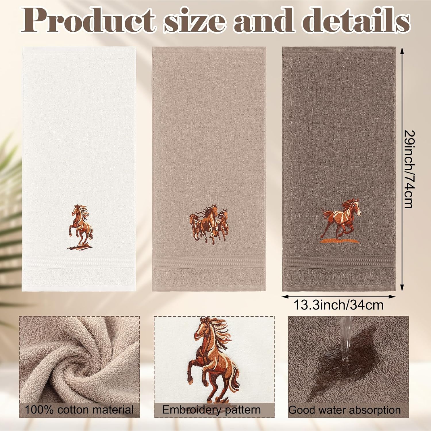 3 Pcs Western Horse Hand Towels Set for Bathroom 100% Cotton Embroidered Decorative Equestrian Horse Themed Gifts Farmhouse Towels for Bathroom Kitchen Decor 13. 3 x 29. 5'' - Image 2