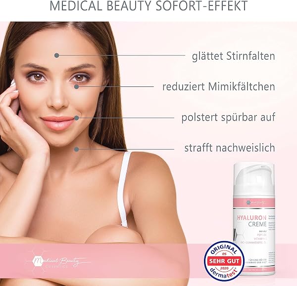 Medical Beauty Hyaluron Creme 100ml - mit Peptiden, Vitamin E und Bio-Granatapfelkern-Öl - vegane Anti-Aging Gesichtscreme für Augen, Hals, Dekolleté mit DermaCROSS III-Komplex - 3