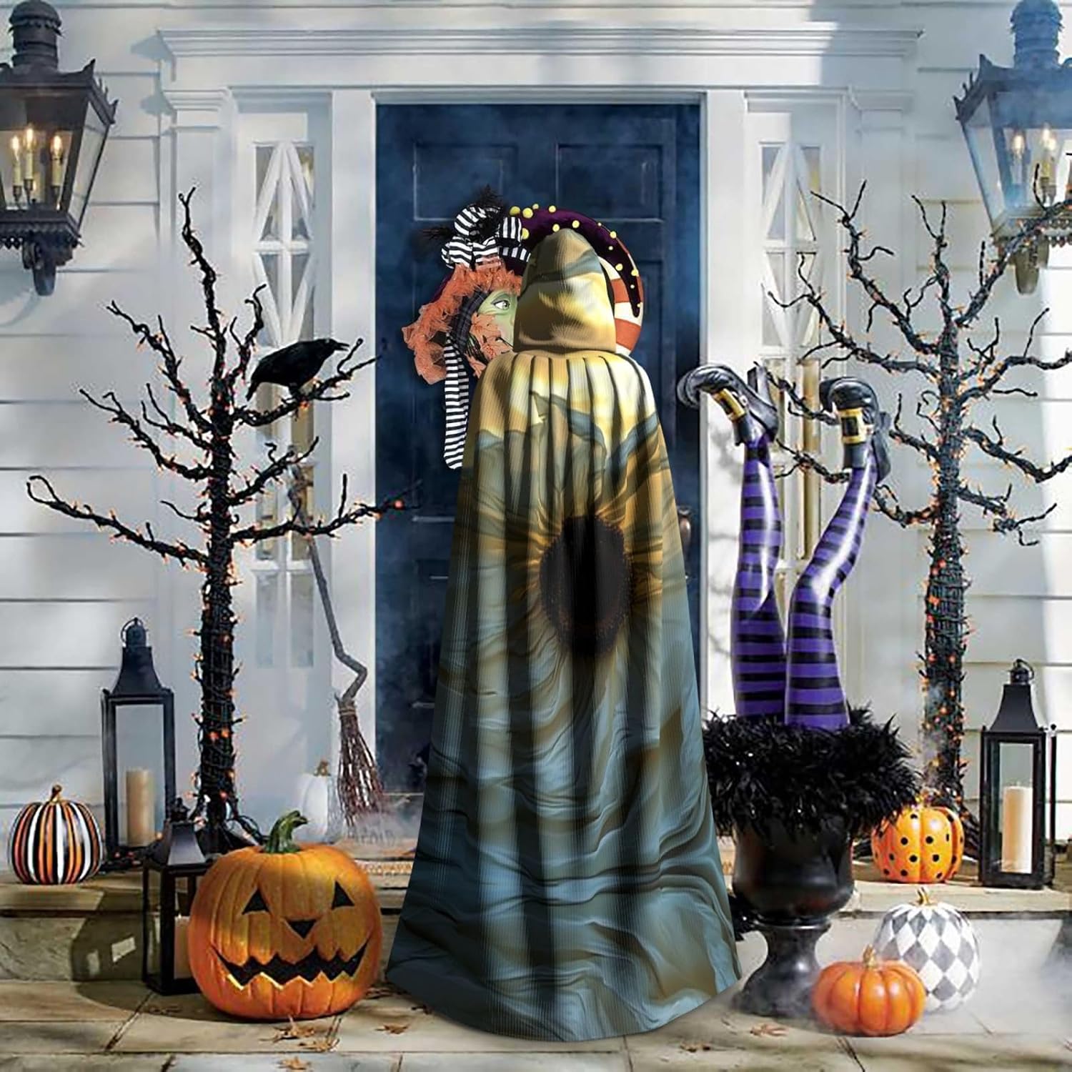 Elegant fabric with sunflower background Unique Darkness Poncho Shawl - Customizable Wearable Blanket for Women, Perfect Halloween Costume Accessory, Knight, Akatsuki, and More