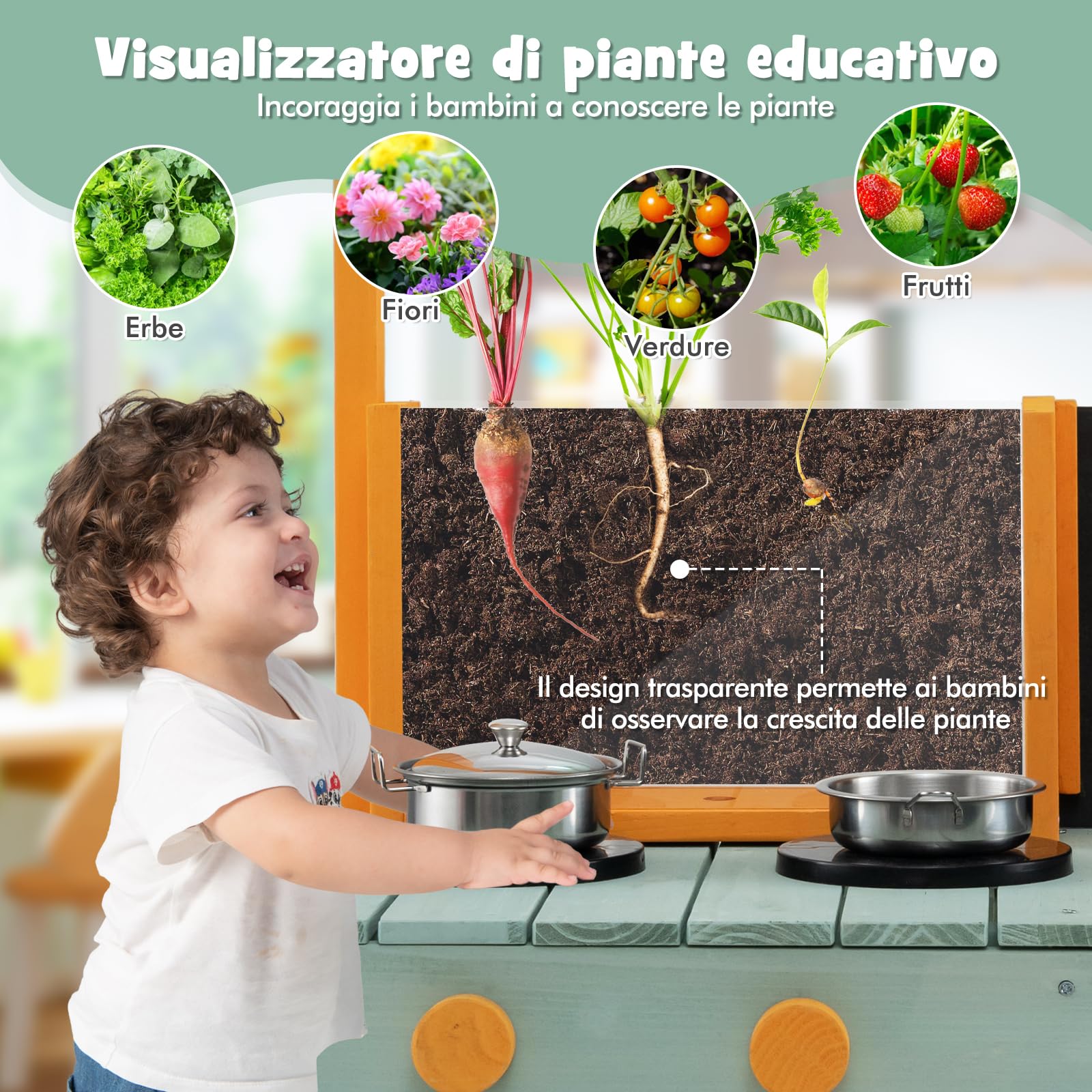 RELAX4LIFE Cucina Giocattolo da Esterno per Bambini, Set da Cucina in Legno con Fornello, Lavagna, Rubinetto, Fioriera Trasparente, Regalo Perfetto per Bambini dai 3 ai 7 Anni (Verde)