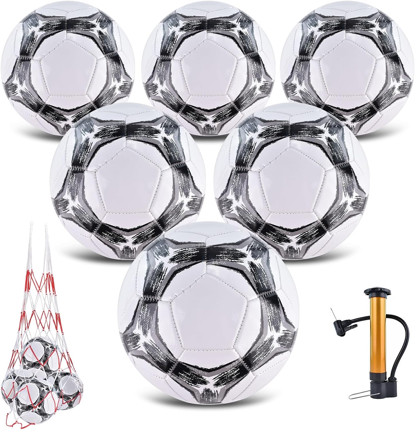 Paquete de 6 pelotas de fútbol clásicas desinfladas tamaño 345 con bomba y bolsa de malla para interiores y exteriores, césped, entrenamiento,