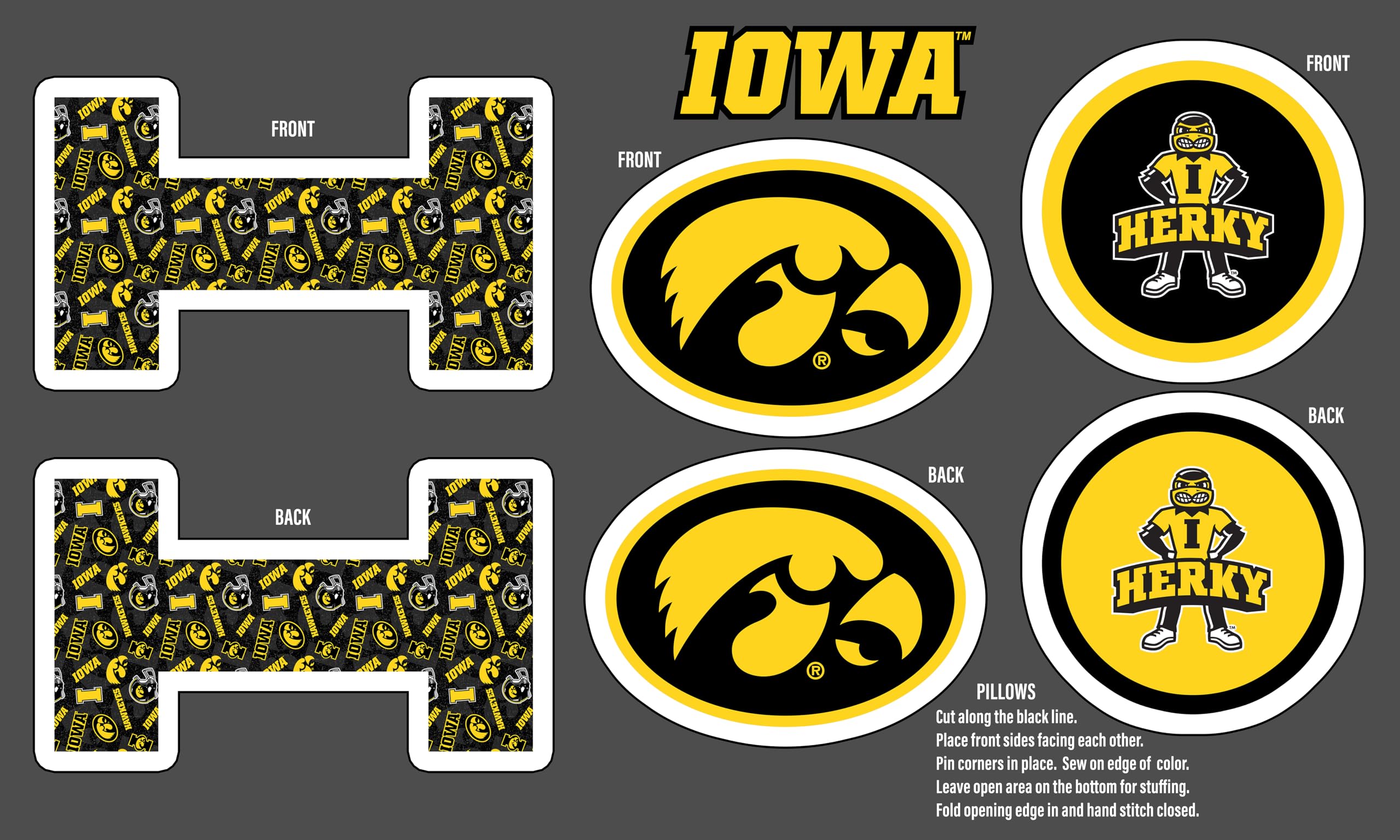 Official Licensed University of Iowa Minky DIY Pillow Project. Cut, Sew, and Stuff-Each Panel yields 3 Pillows