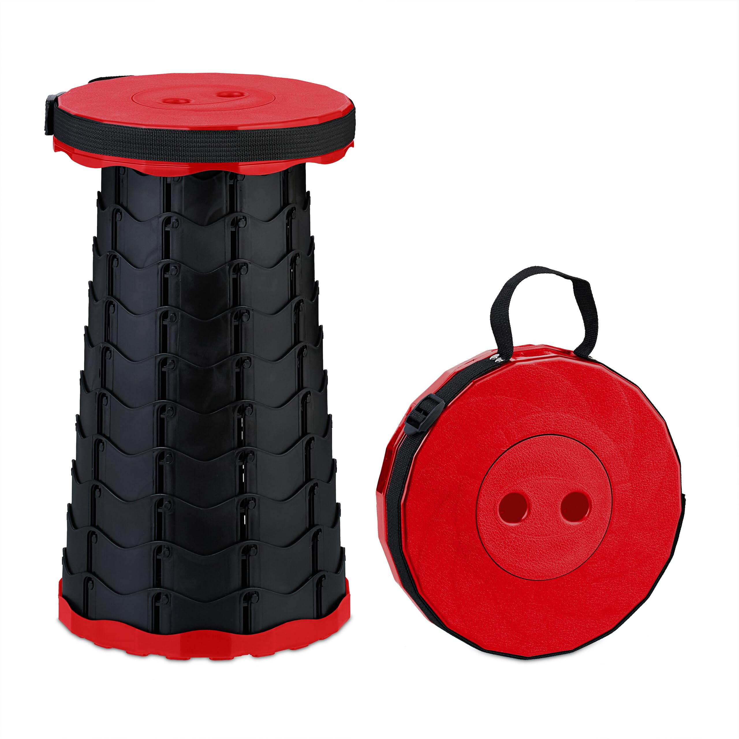 Relaxdays Telescopic Stool, Foldable, Carrying Strap, Outdoor, Adjustable Camping Chair, 44.5 x 25 x 25 cm, Red/Black