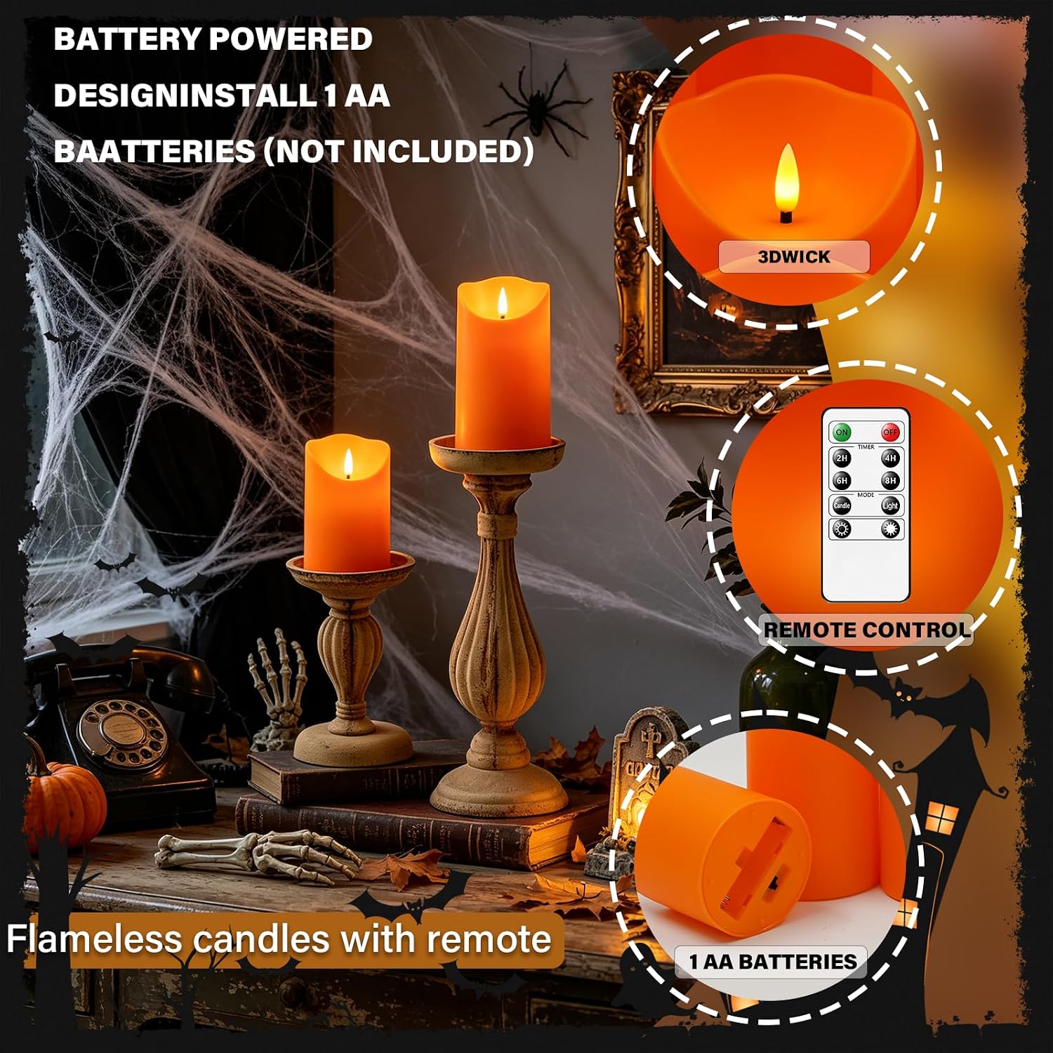  Flameless Candles with Remote, Battery Operated Flickering Flameless Candles, LED Candles with Timer 2/4/6/8H, with Realistic LED Candles Set of 9 (D3 x H 3" 4" 5" 6" 7") (Orange) thumbnail