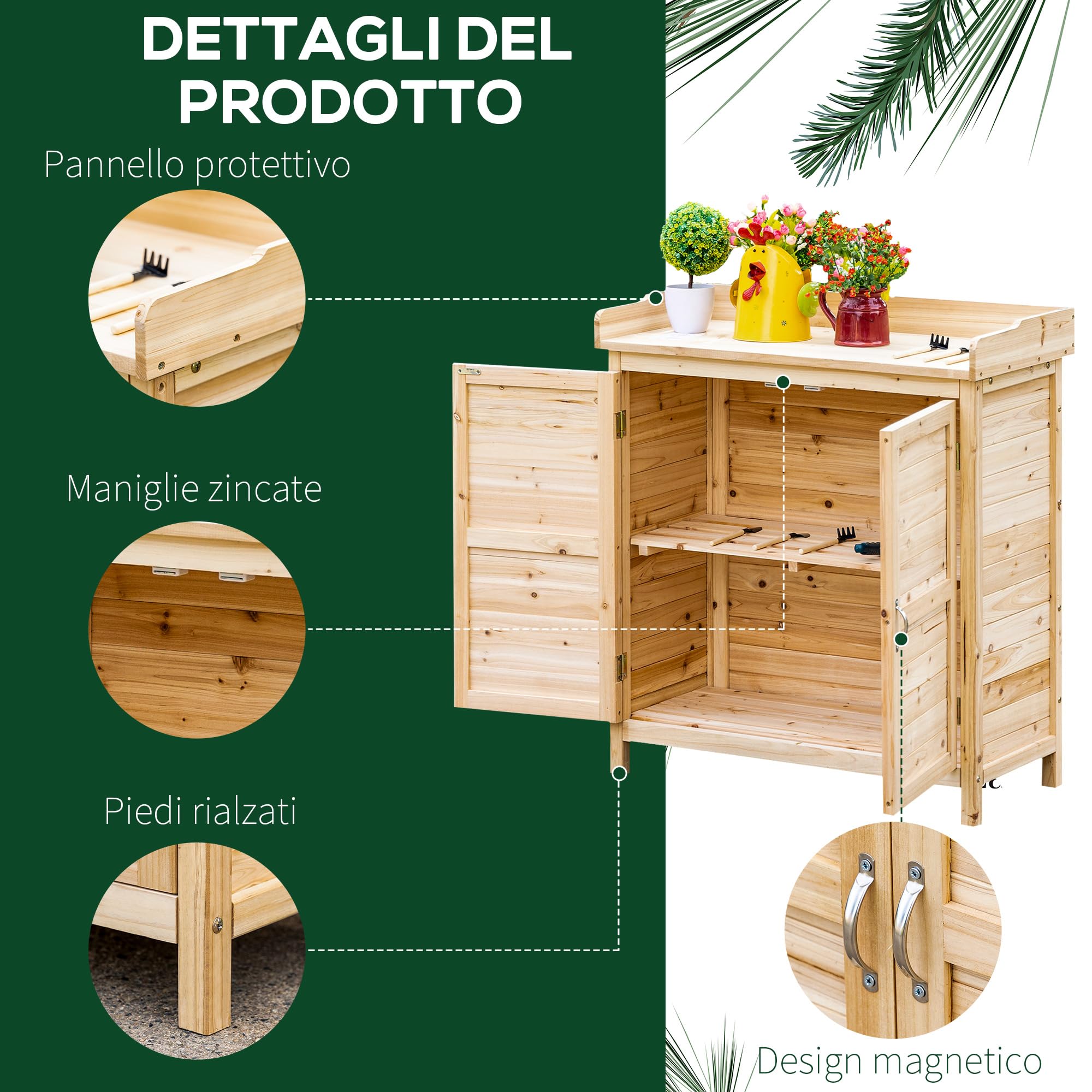 Outsunny Armadietto da Esterno a 2 Ripiani in Legno di Abete con Design Rialzato e 2 Ante, 83x40x92 cm, Color Legno