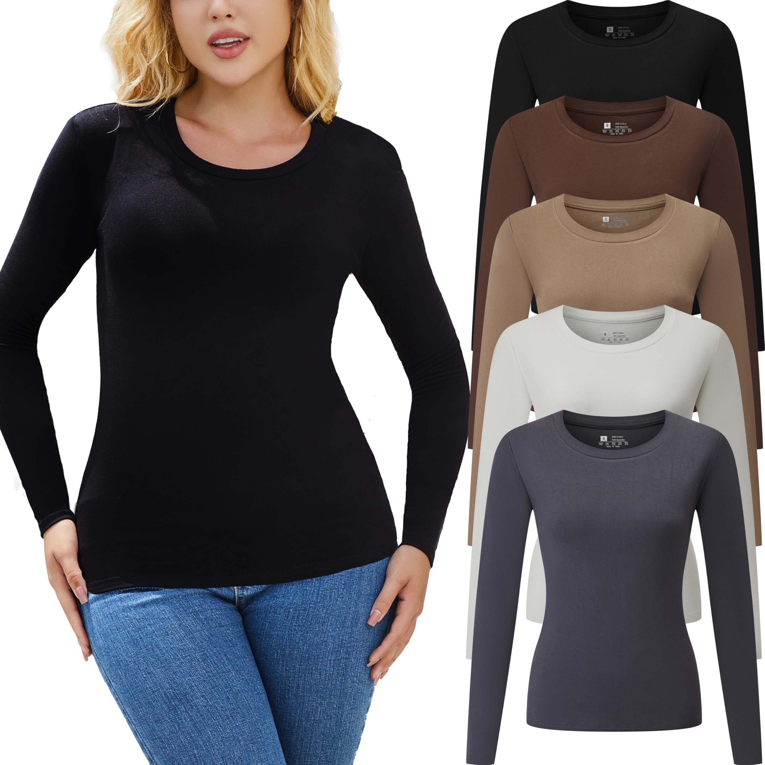 Vomidia 5 Pack Long Sleeve Shirts for Women Crew Neck Basic Stretchy Fitted Tops Slim Fit Casual Fashion Clothes 2025