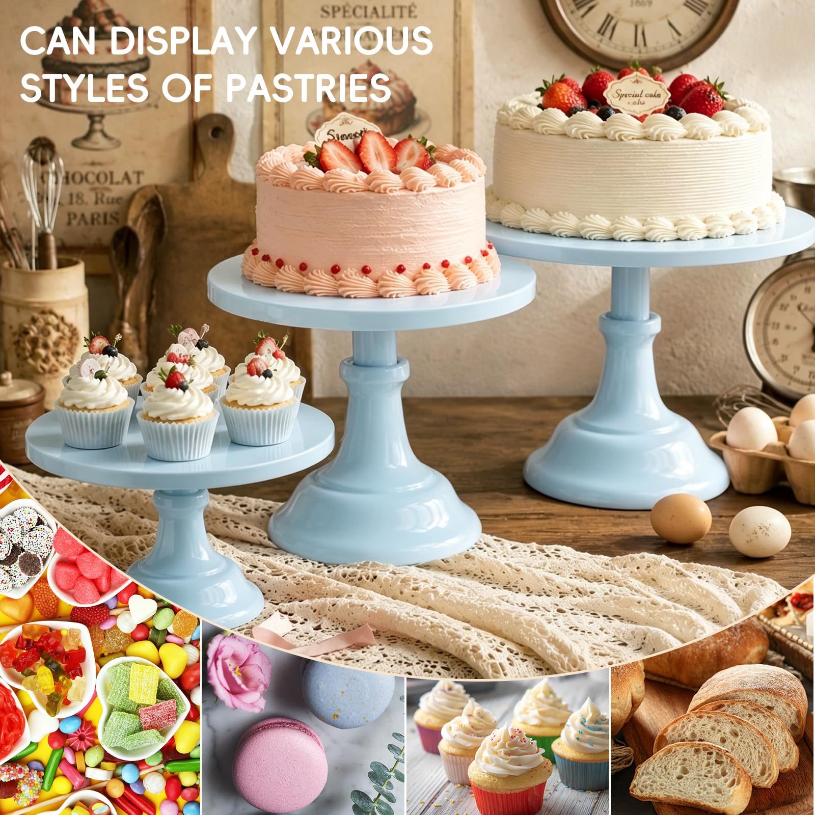 Kuchenständer-Set, rund, Metall, verschiedene Größen, für Geburtstag, Hochzeit, Bankett, Gebäck, für Urlaub, Party, Dessert, Tischdekoration (20,3 cm, 25,4 cm, 30,5 cm, Teller) Blau, 3 Stück