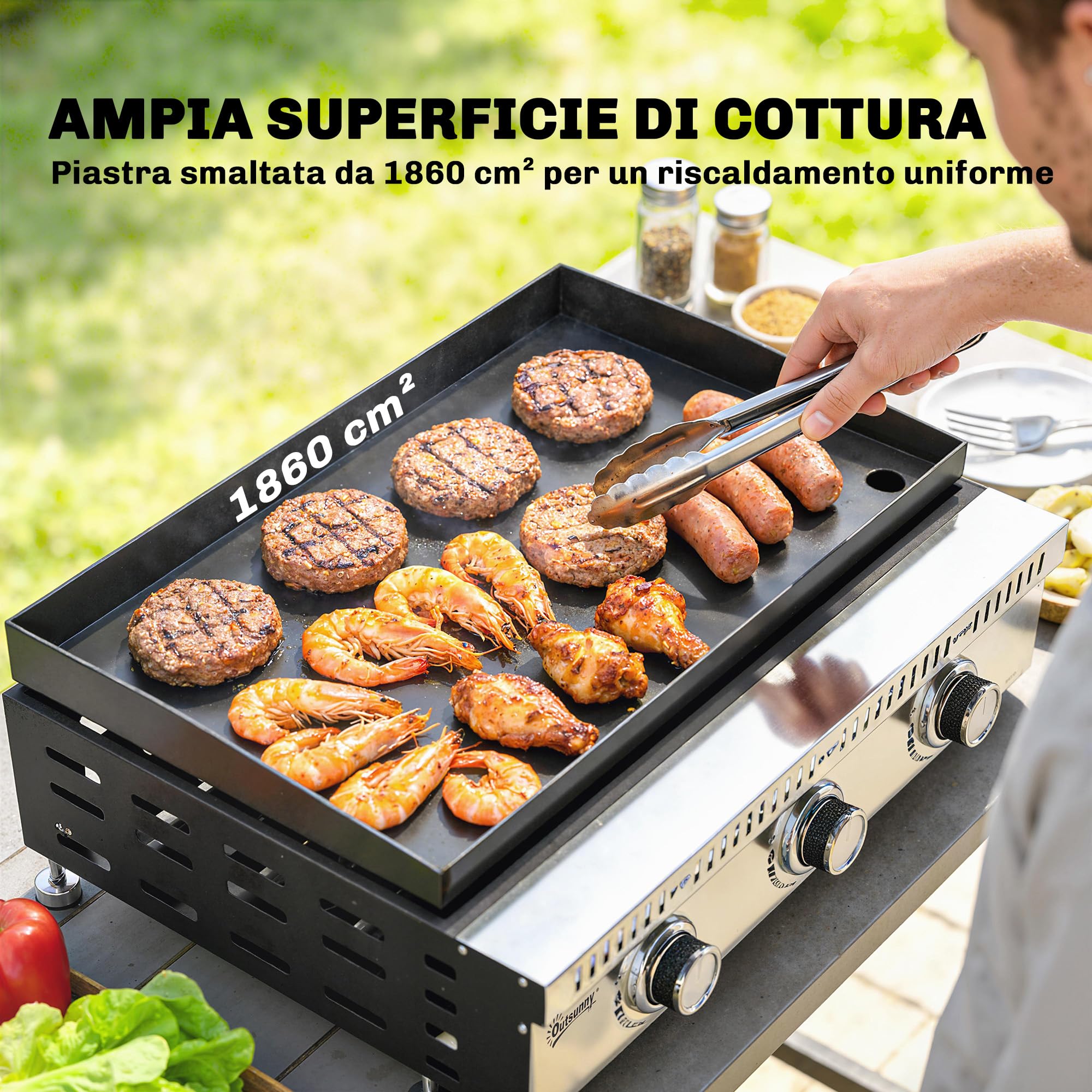 Outsunny Barbecue a Gas Portatile 3 Bruciatori 9 KW Acciaio Inox, Griglia BBQ da Tavolo con Vaschetta Raccogli Grasso, Regolatore, Nero