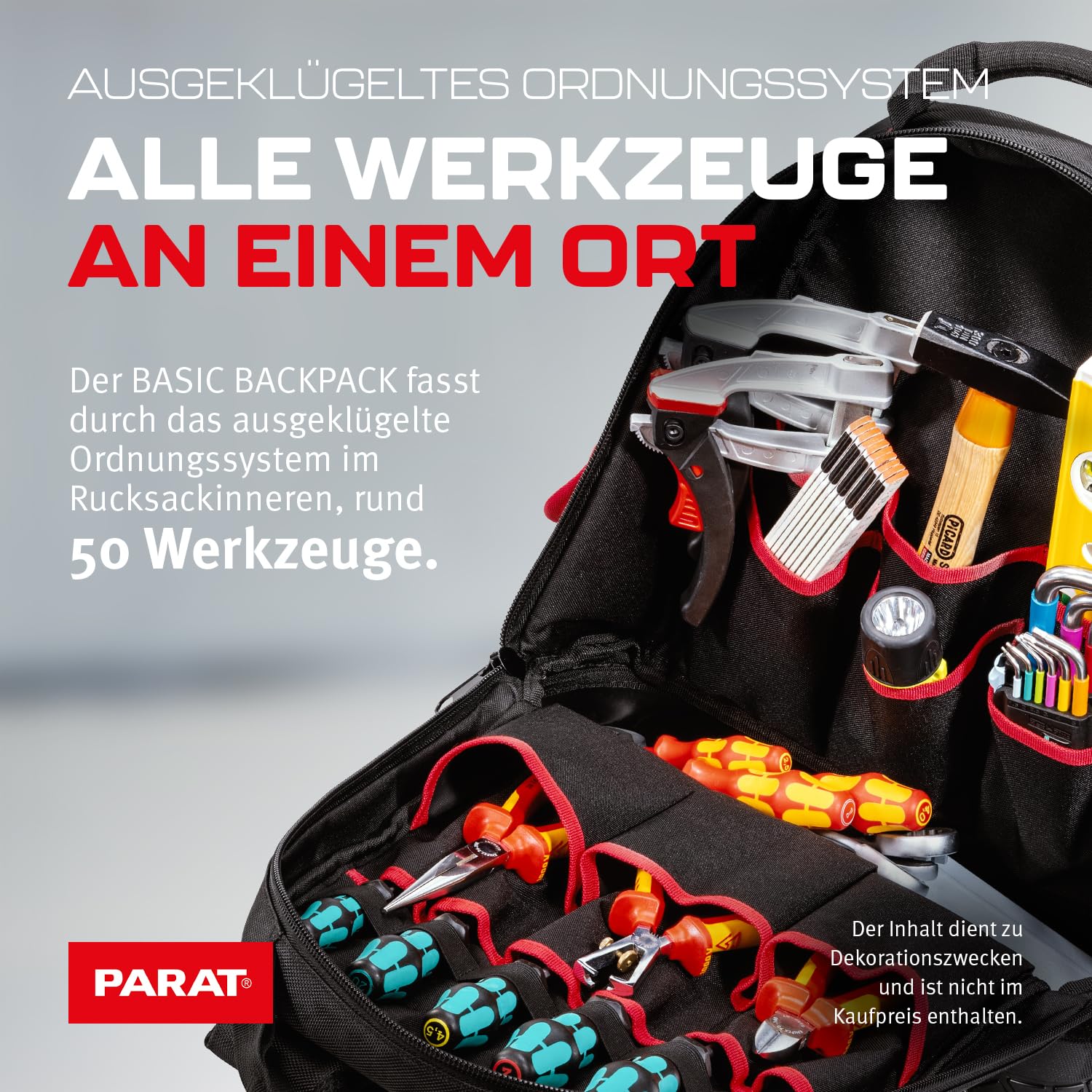 PARAT BASIC Backpack | Inkl. BASIC Roll-Up Case 8 | Werkzeugrucksack 23L für Elektriker | Robuster Nylon Rucksack | Werkzeugrucksack mit 15 Fächern & 6 Gummischlaufen | Elektriker Rucksack