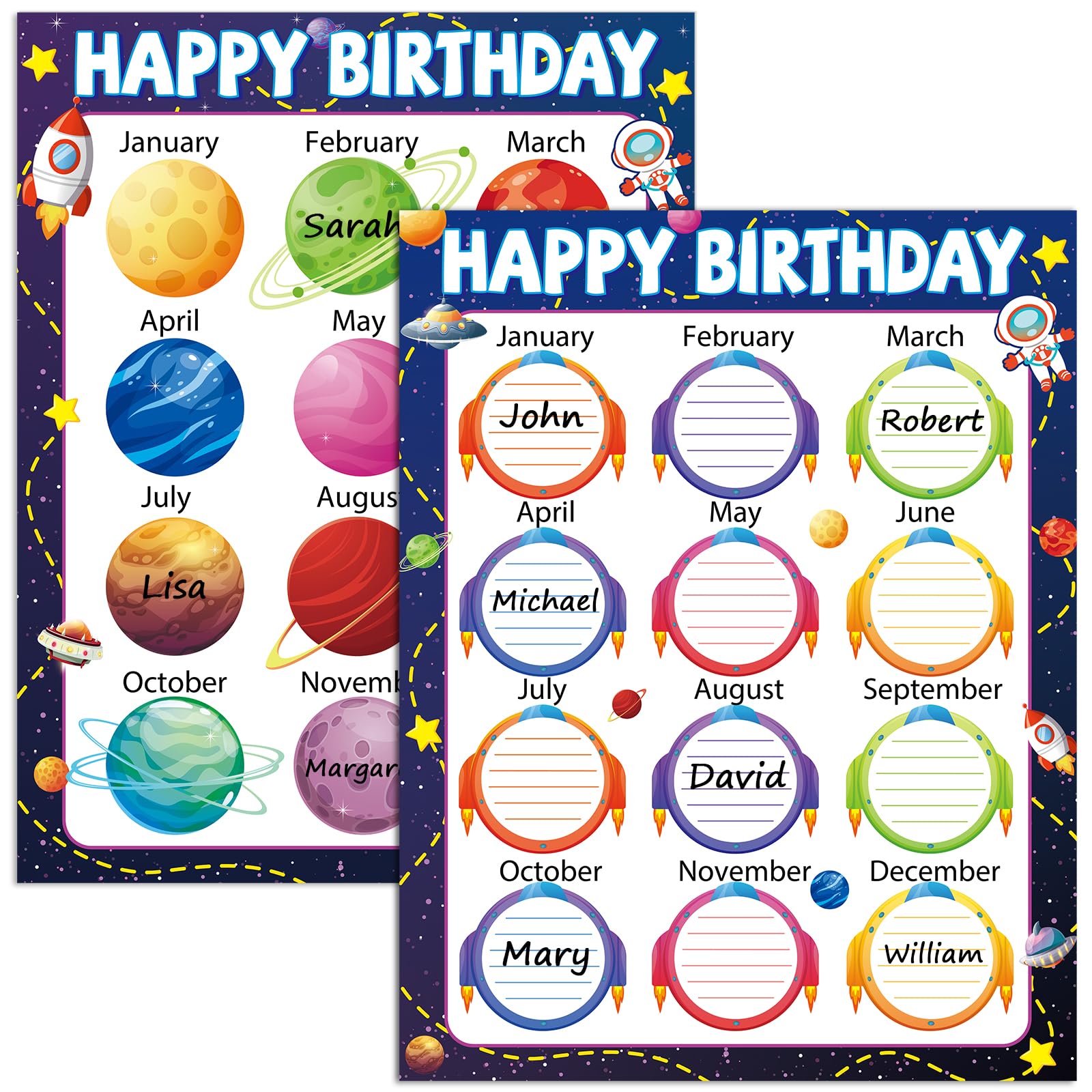 Qyeahkj 17.7 x 13.7 in Happy Birthday Chart Poster Set Space Calendar Classroom Decorations Galaxy Chart Bulletin Board Solar System Back to School Teaching Supplies Planets Decor