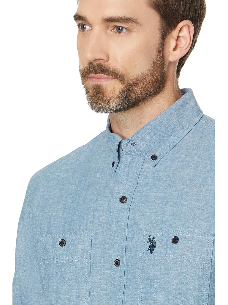 U.S. POLO ASSN. Long Sleeve Classic Fit Solid 2 Pocket Canvas Slub Woven Shirt