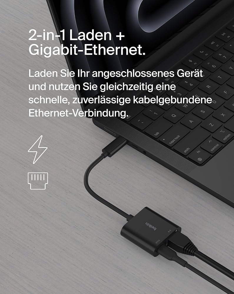 Belkin Connect USB-C To Ethernet + Charge Adapter 100W W Gigabit Ethernet Port And Usb C Port 10 100 1000 Mbps For Fast Internet Connection Compatible With Iphone 16 15 Galaxy S24 And More Black