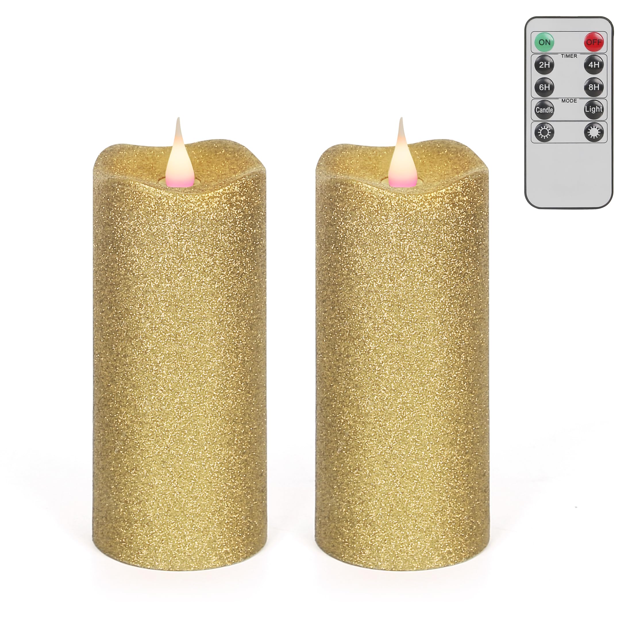 2Pcs Glitter Flameless Candles 6'' Gold 3D Flickering Moving Flame Wick LED Candles Battery Powered Pillar Flameless Candle Set with Timer and Remote for Home Anniversary Events Décor