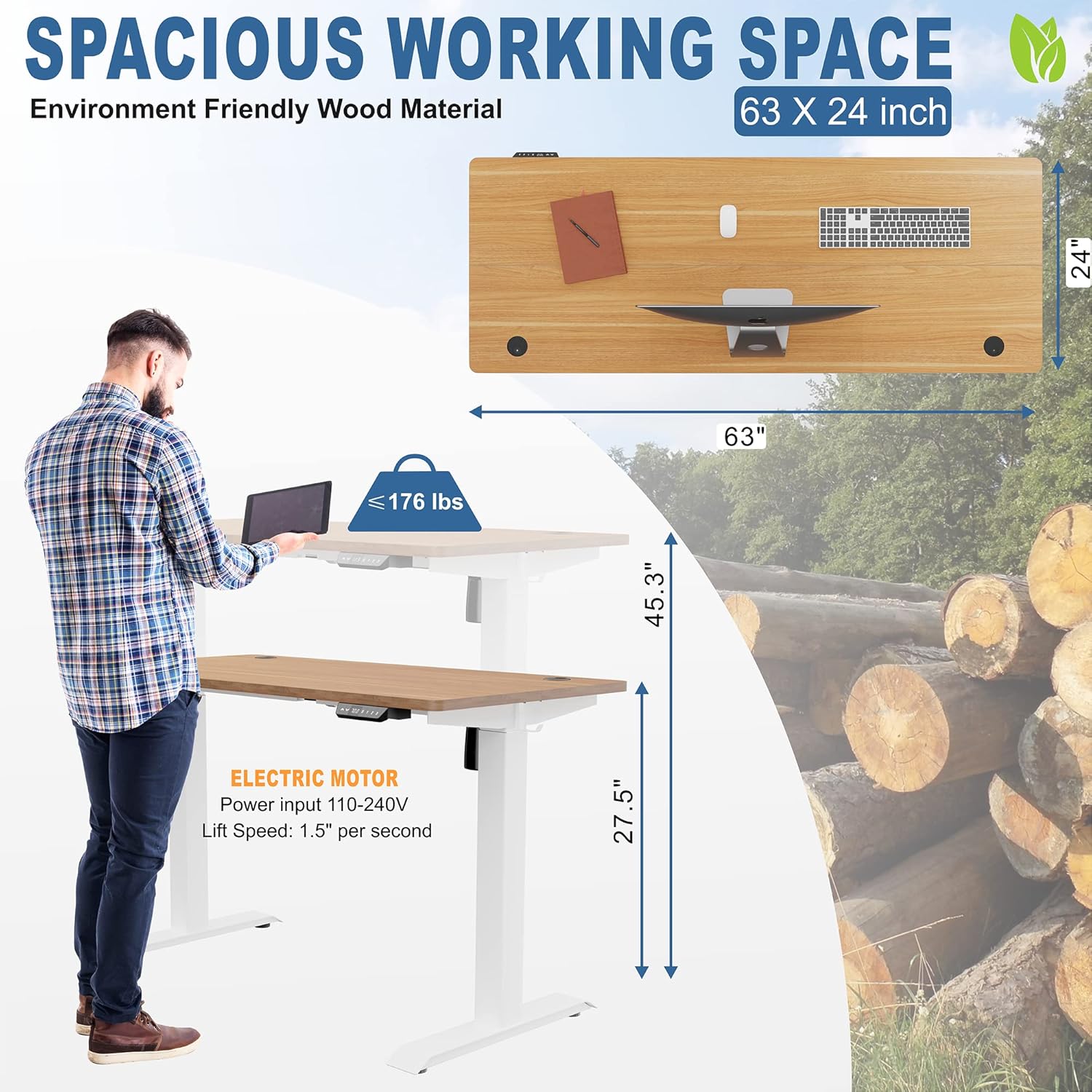 Vongrasig Height Adjustable Electric Standing Desk, 63 x 24 Inches Home Office Stand Up Table Computer Workstation with Splice Table Board & Memory Controller (White Frame + Maple Desktop)